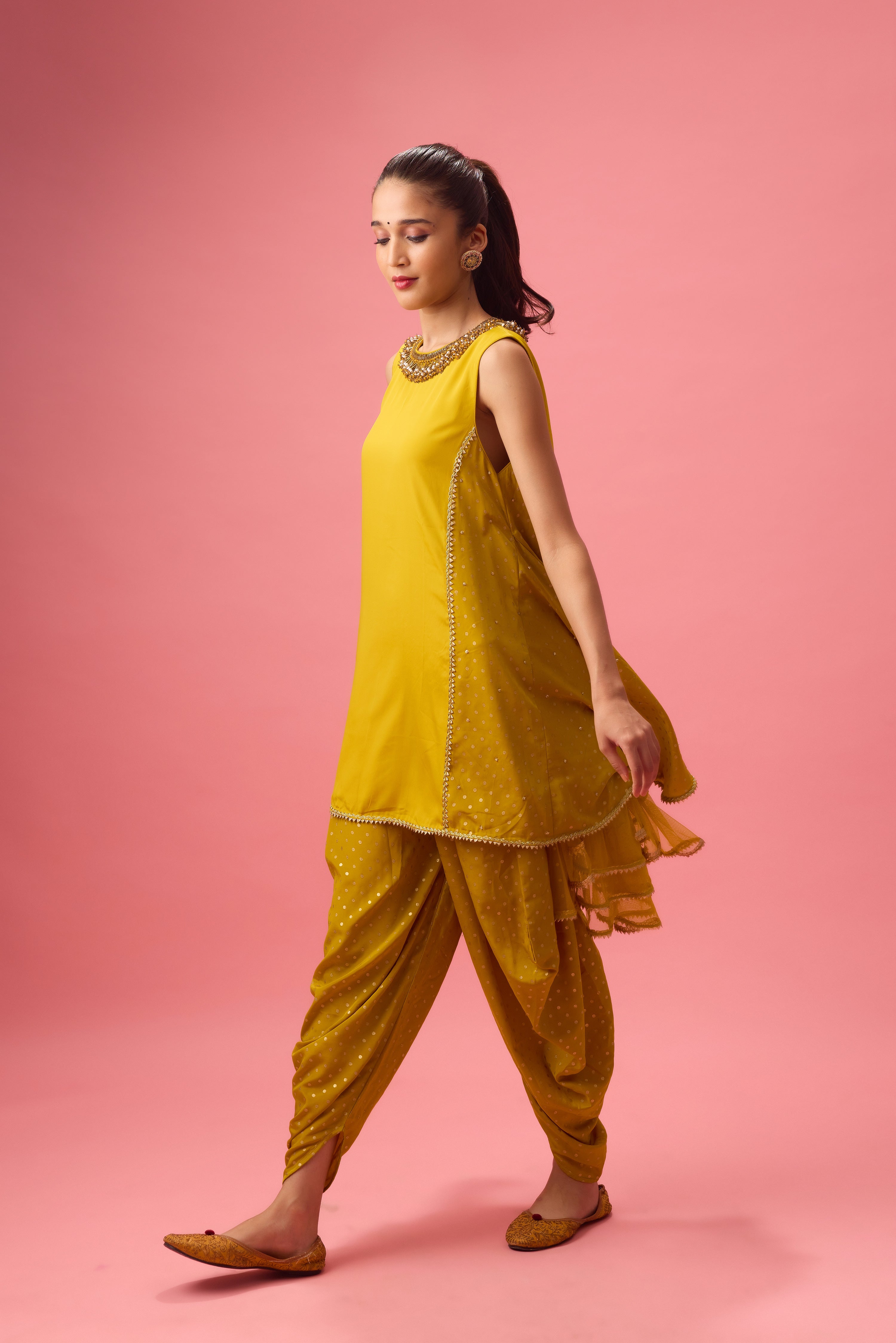 OLIVE KURTA WITH FOILING AND HAND EMB. ON NECK PAIRED WITH DHOTI