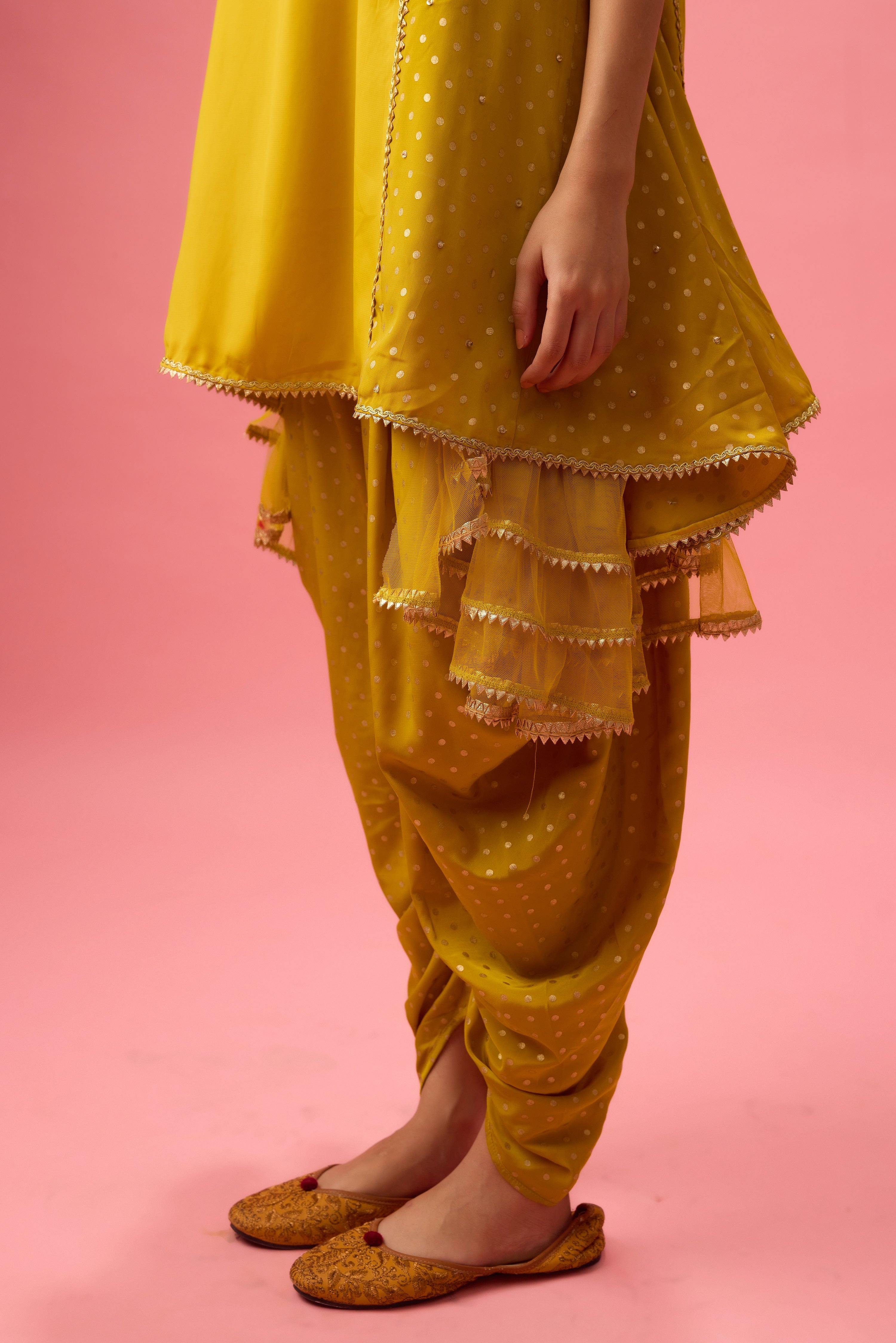 OLIVE KURTA WITH FOILING AND HAND EMB. ON NECK PAIRED WITH DHOTI