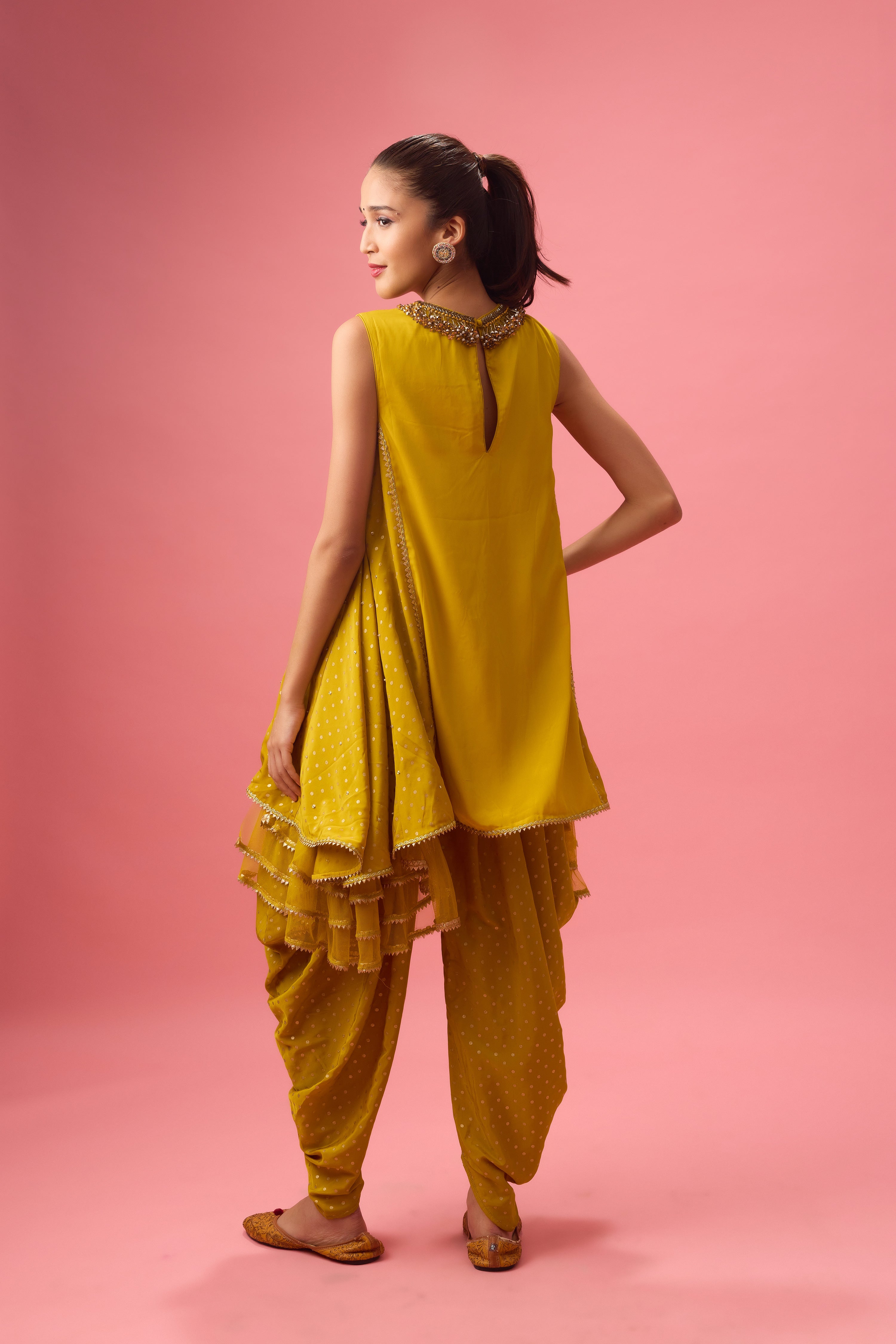 OLIVE KURTA WITH FOILING AND HAND EMB. ON NECK PAIRED WITH DHOTI