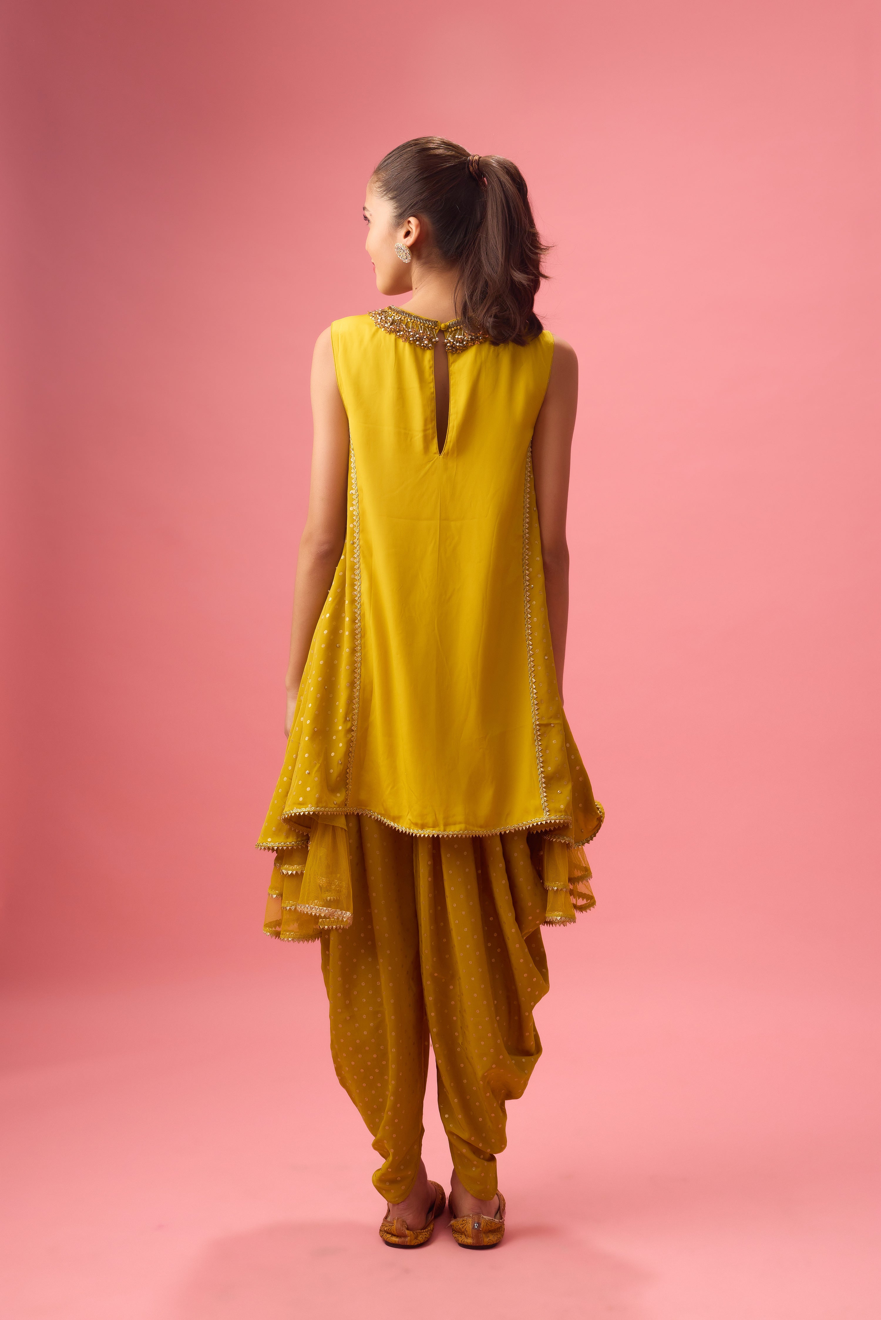 OLIVE KURTA WITH FOILING AND HAND EMB. ON NECK PAIRED WITH DHOTI