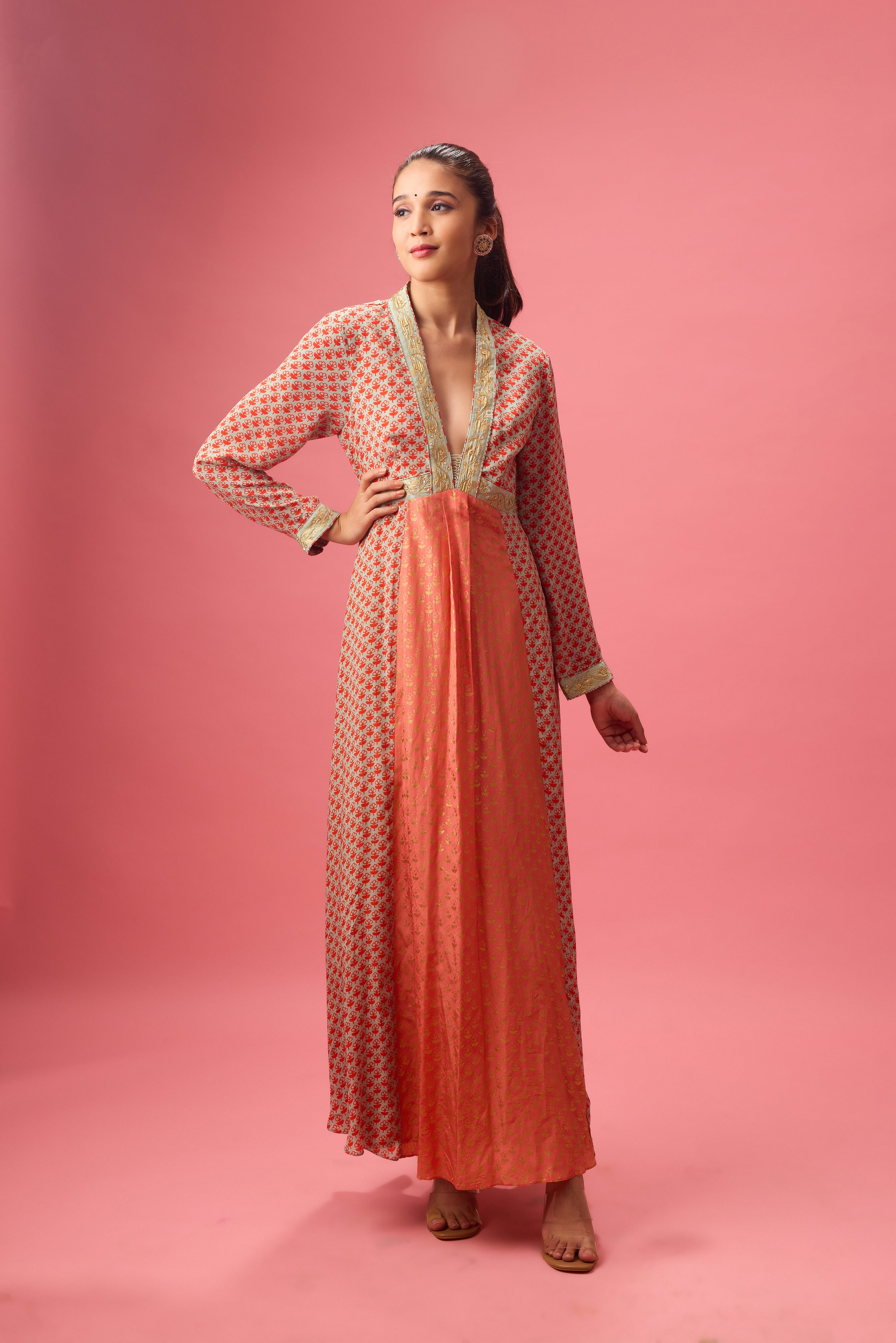 KALIDAR KURTA WITH PRINT AND EMBROIDERY PAIRED WITH CHURIDAR