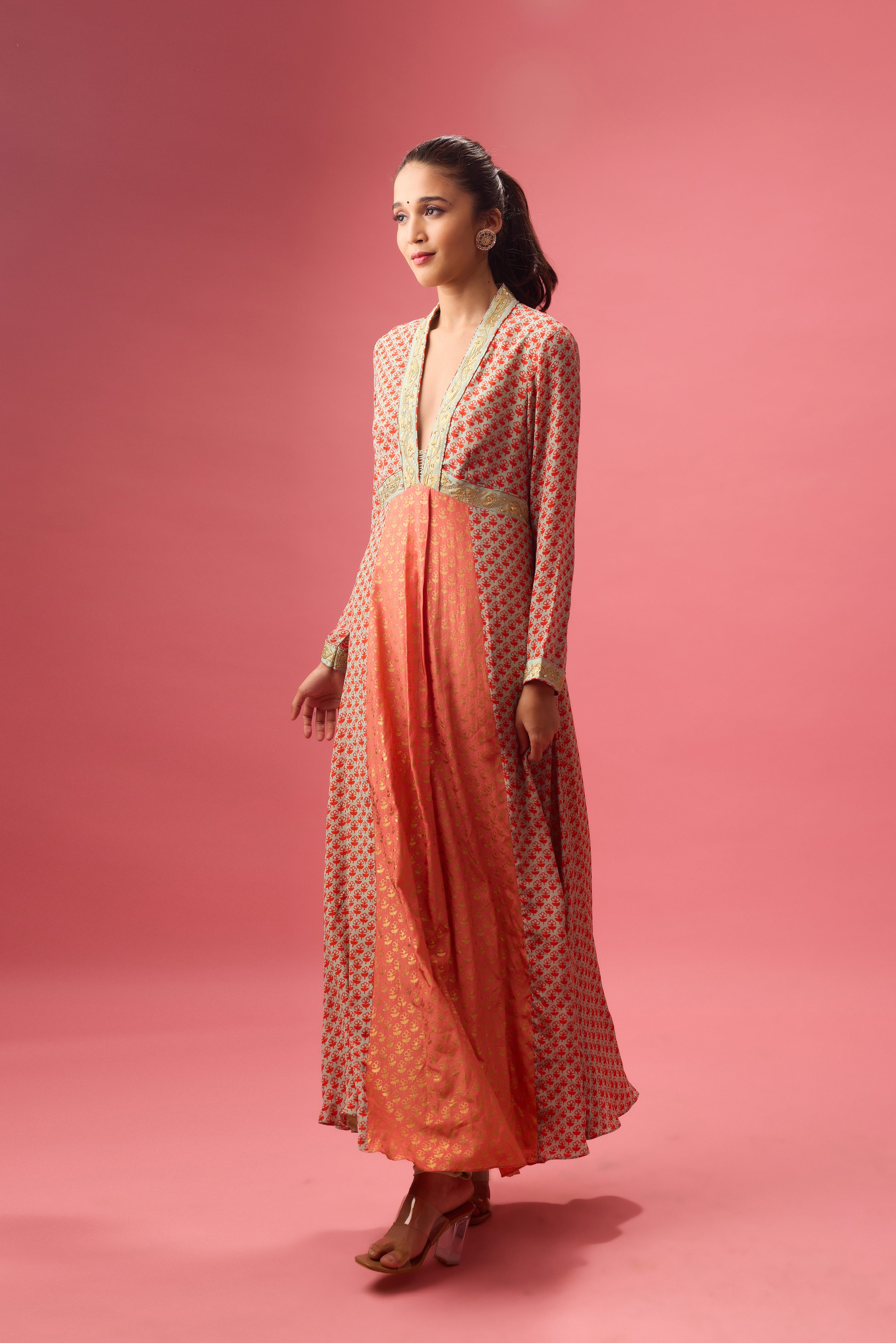 KALIDAR KURTA WITH PRINT AND EMBROIDERY PAIRED WITH CHURIDAR