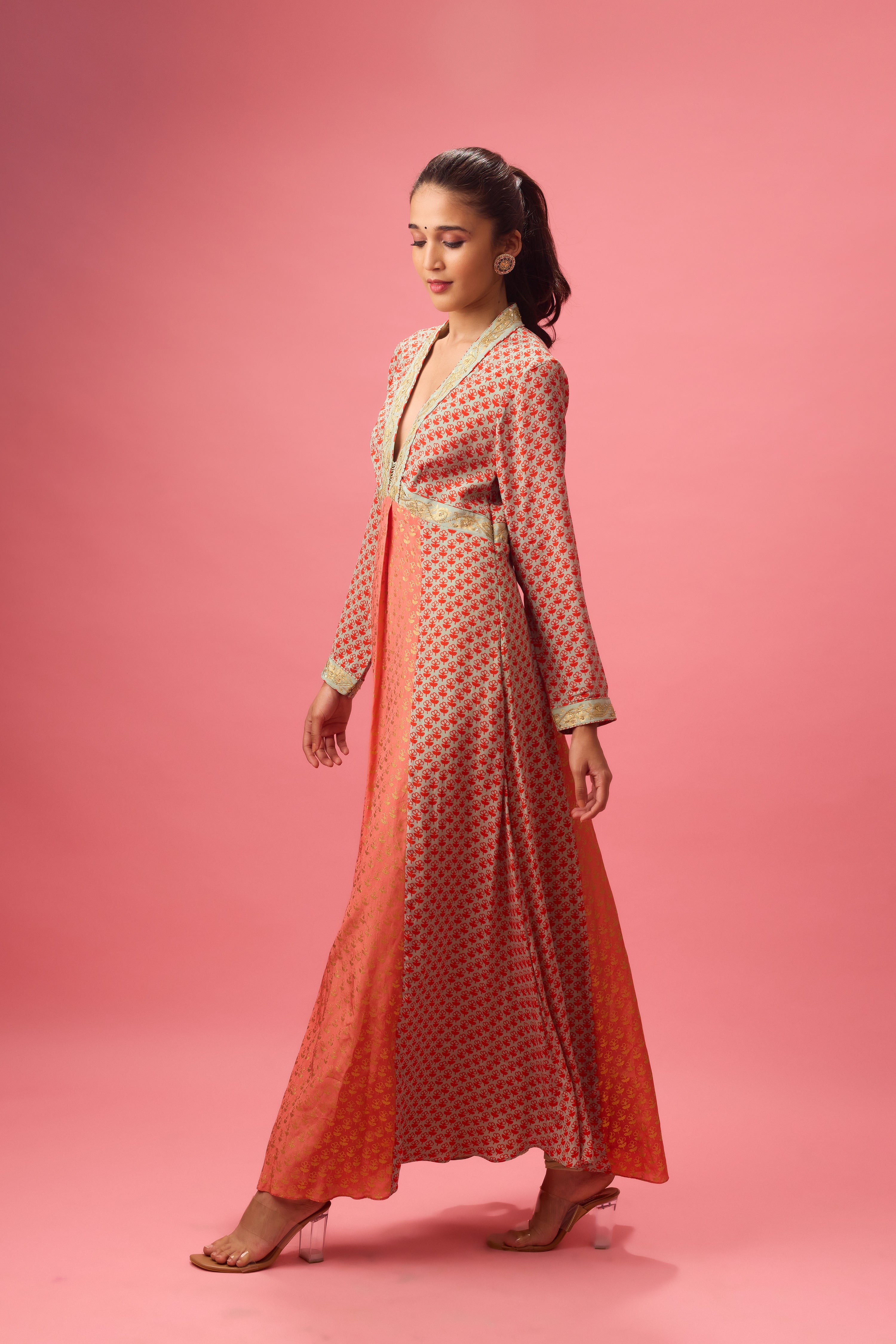 KALIDAR KURTA WITH PRINT AND EMBROIDERY PAIRED WITH CHURIDAR