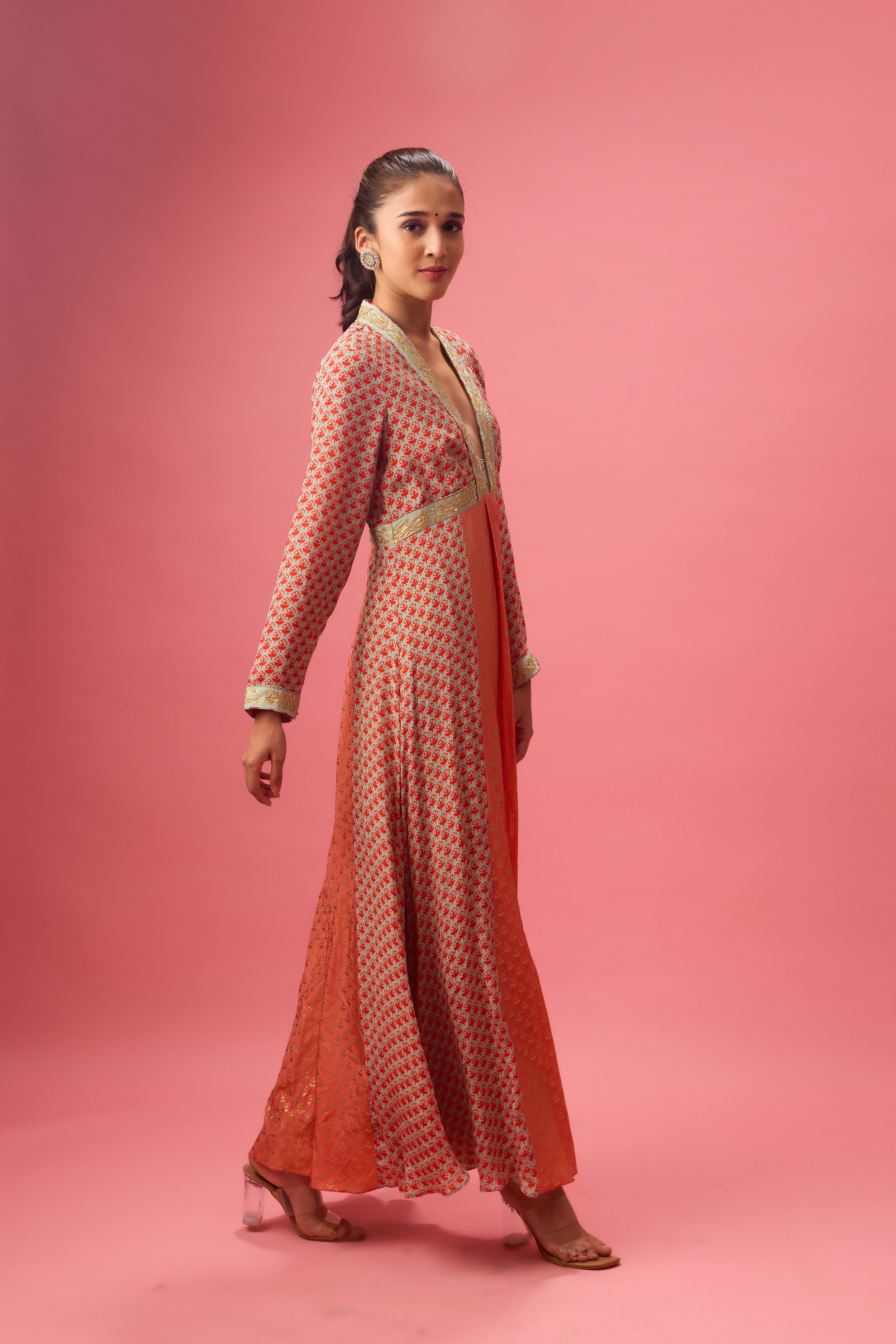 KALIDAR KURTA WITH PRINT AND EMBROIDERY PAIRED WITH CHURIDAR
