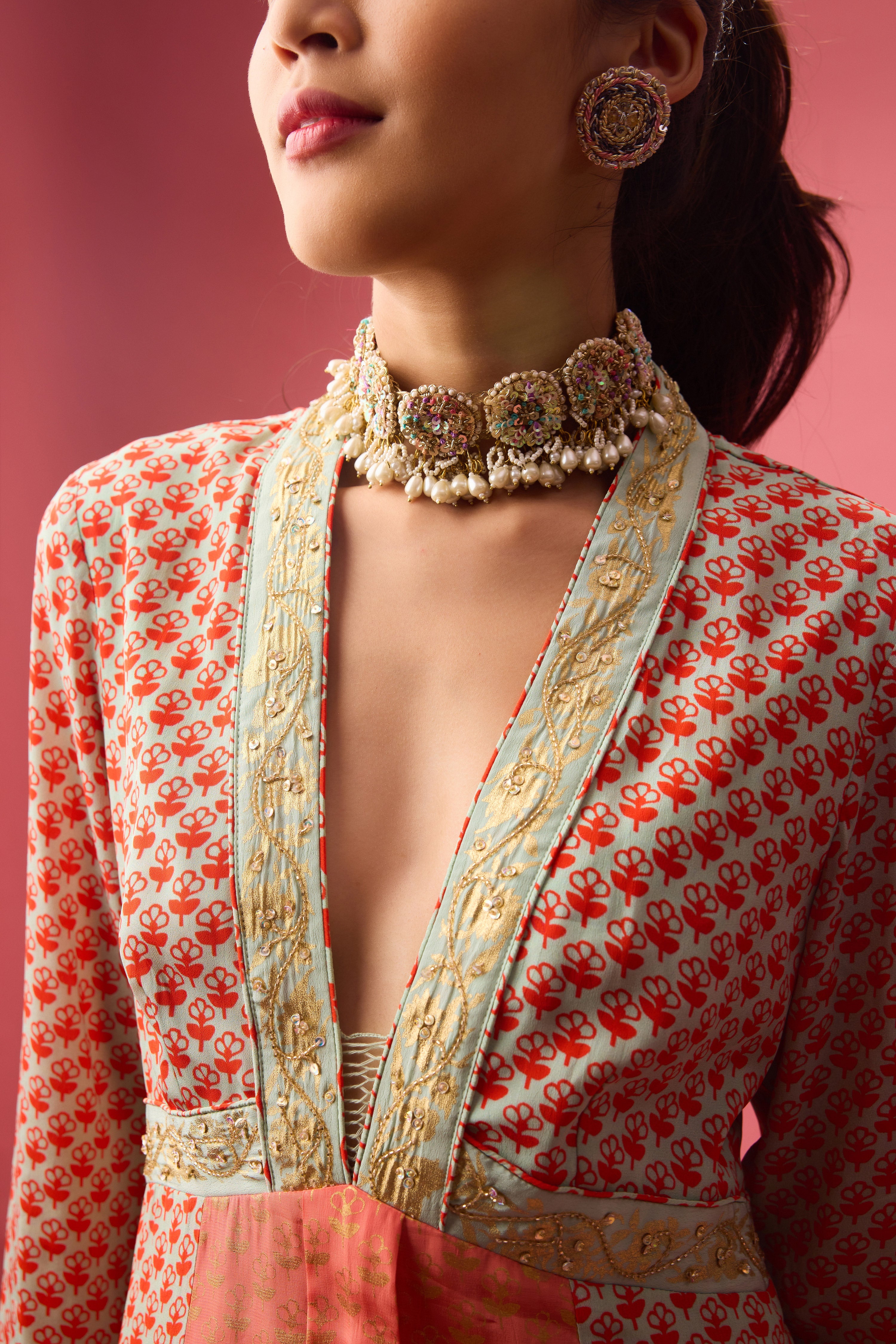 KALIDAR KURTA WITH PRINT AND EMBROIDERY PAIRED WITH CHURIDAR