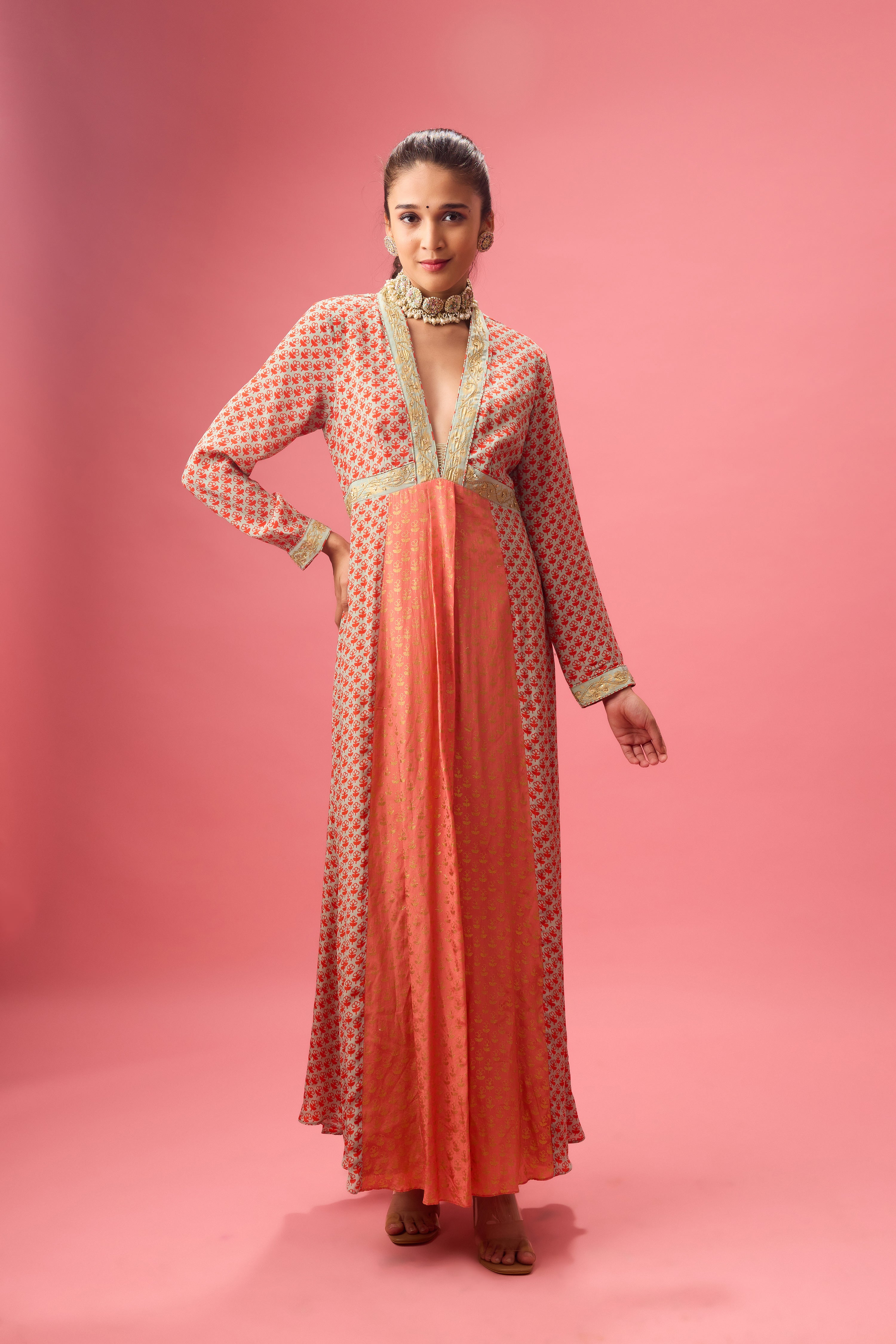 KALIDAR KURTA WITH PRINT AND EMBROIDERY PAIRED WITH CHURIDAR