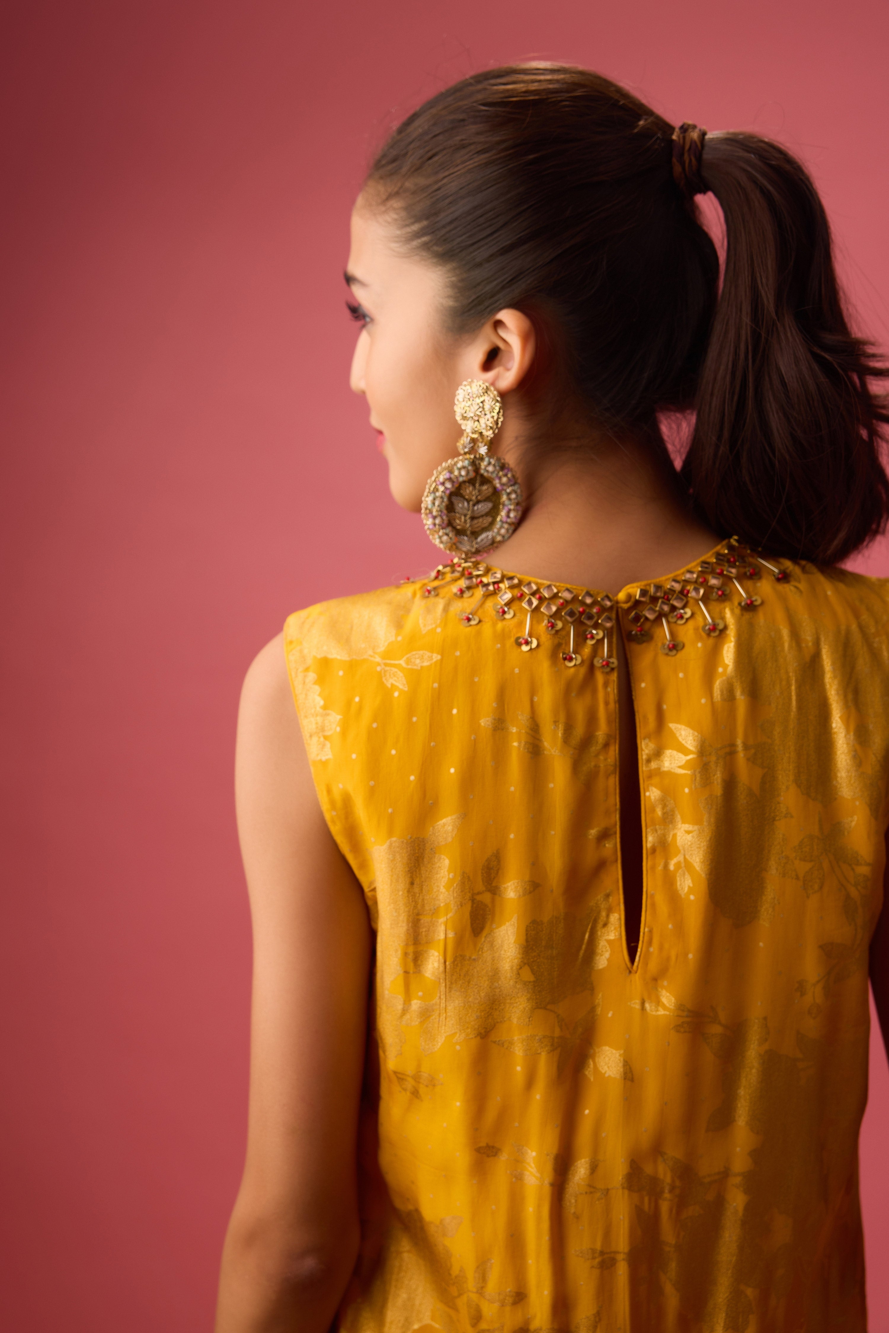 OCHRE SHARARA SET WITH FOIL PRINTING PAIRED WITH HAND EMB.DUPATTA