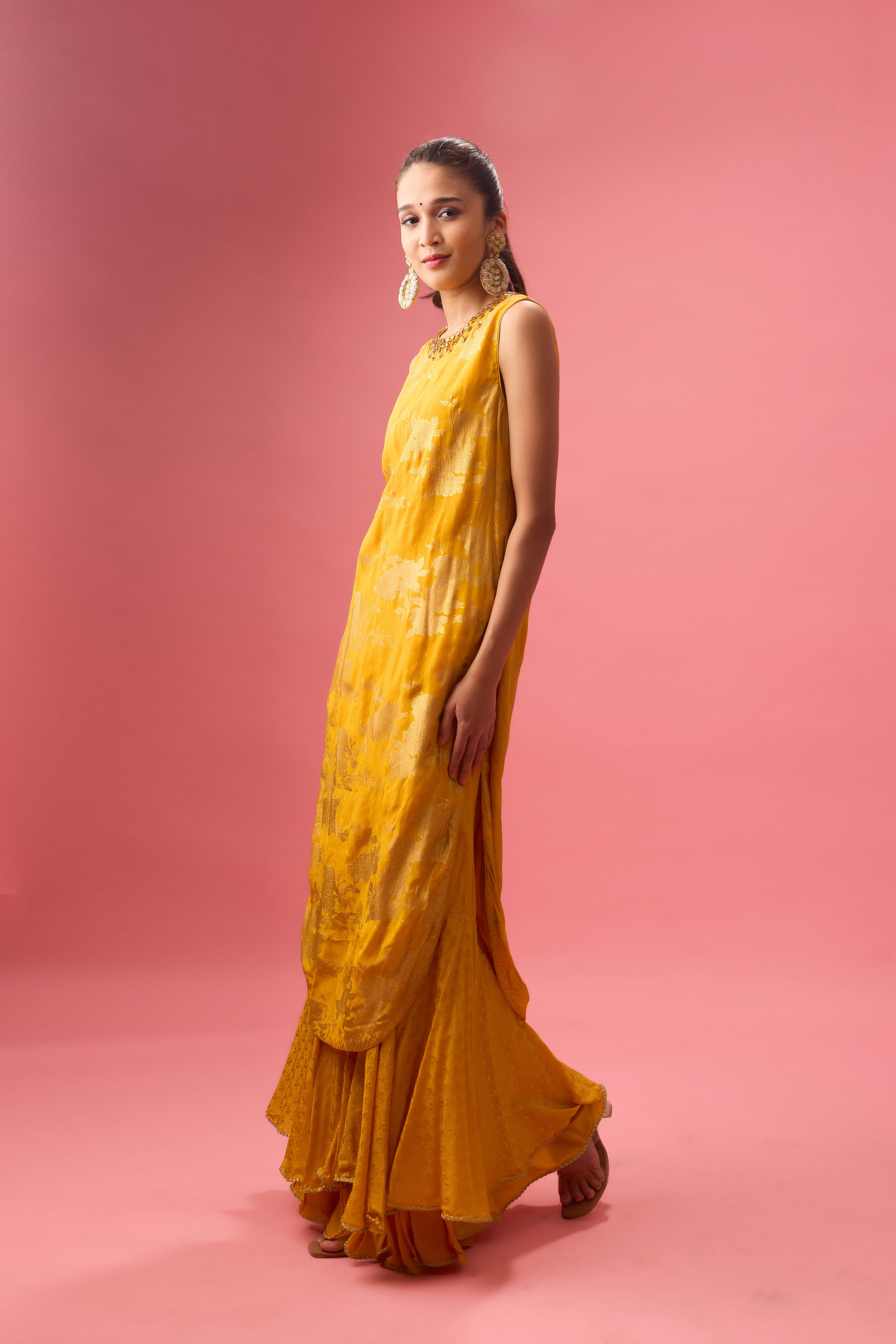 OCHRE SHARARA SET WITH FOIL PRINTING PAIRED WITH HAND EMB.DUPATTA