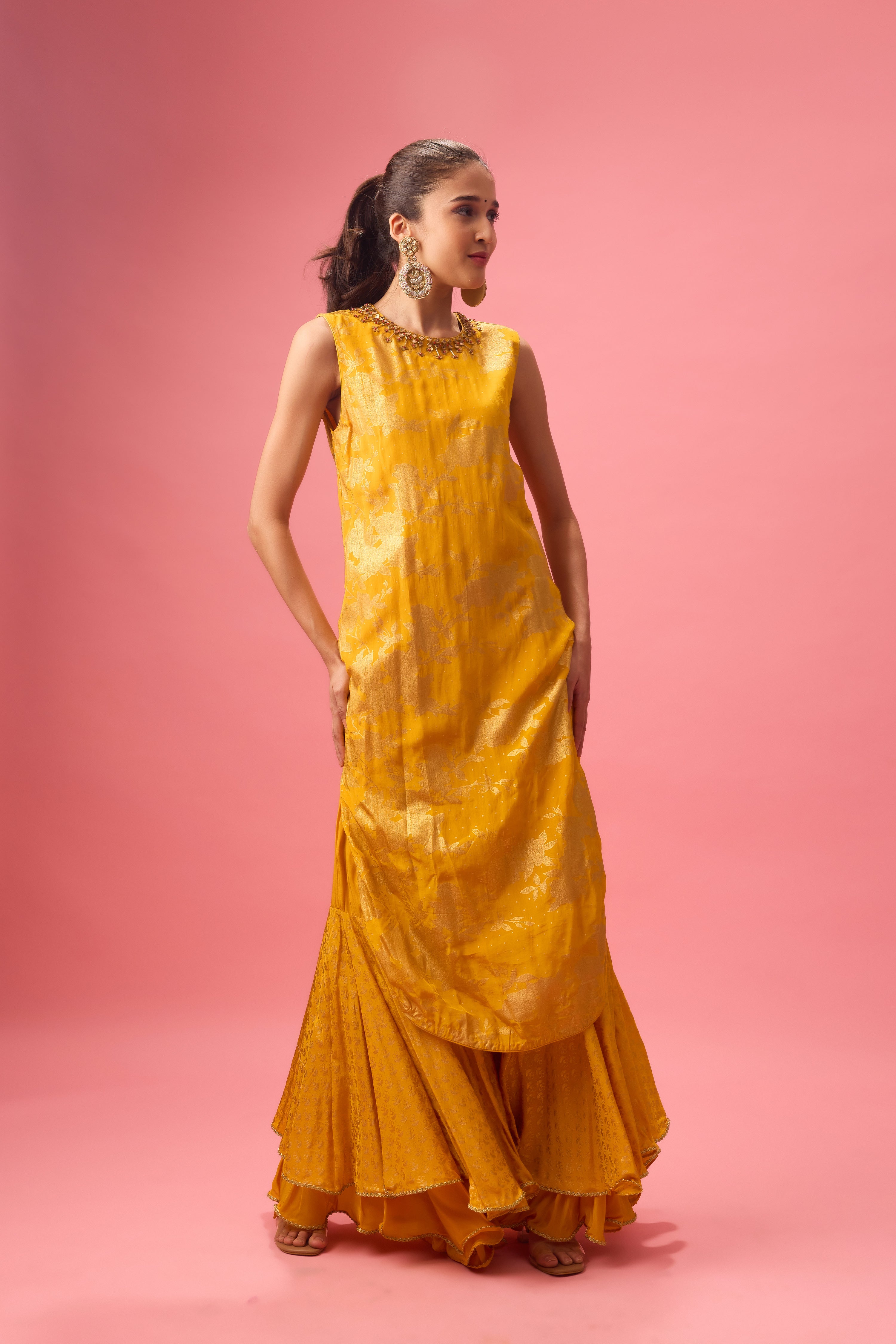 OCHRE SHARARA SET WITH FOIL PRINTING PAIRED WITH HAND EMB.DUPATTA