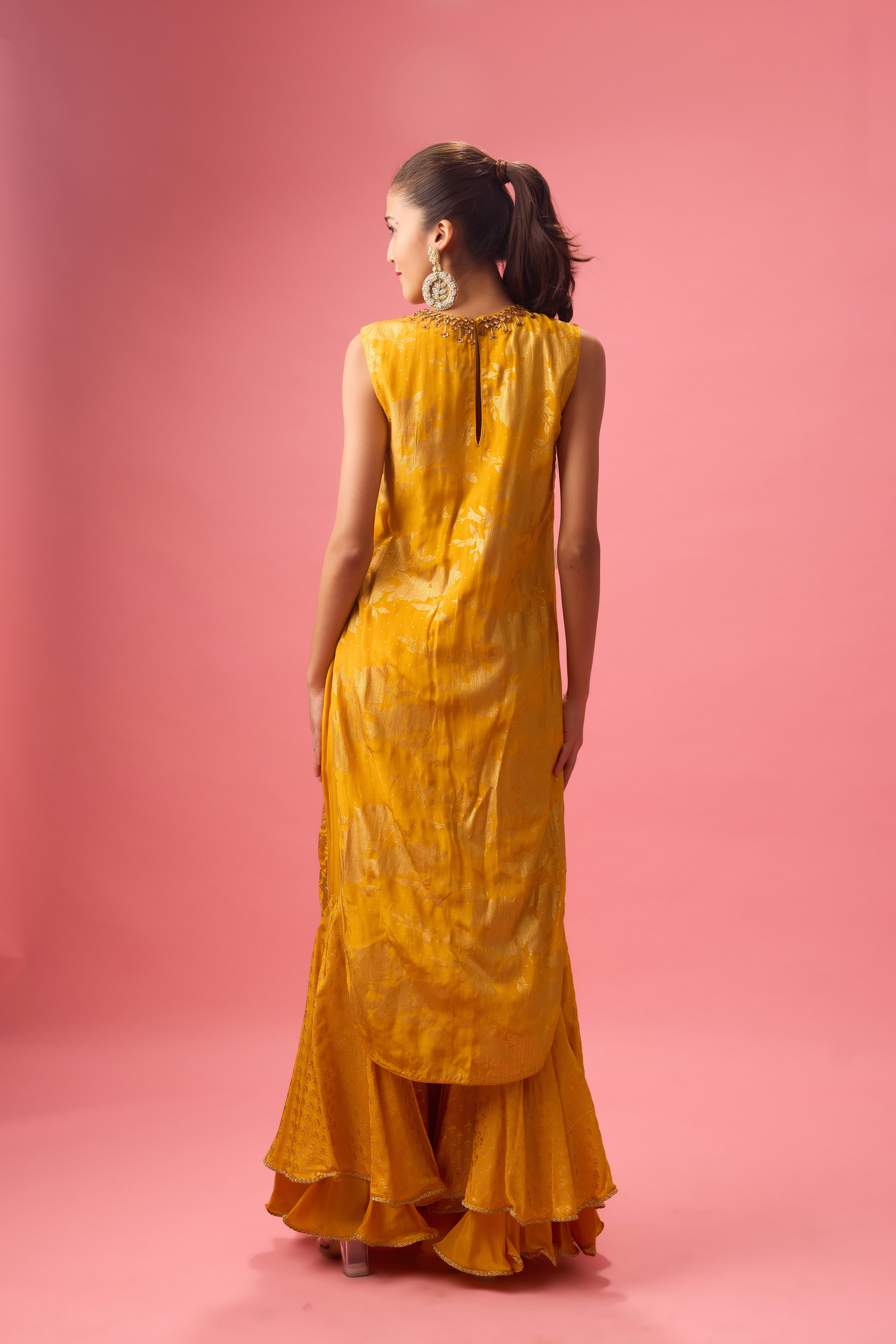 OCHRE SHARARA SET WITH FOIL PRINTING PAIRED WITH HAND EMB.DUPATTA