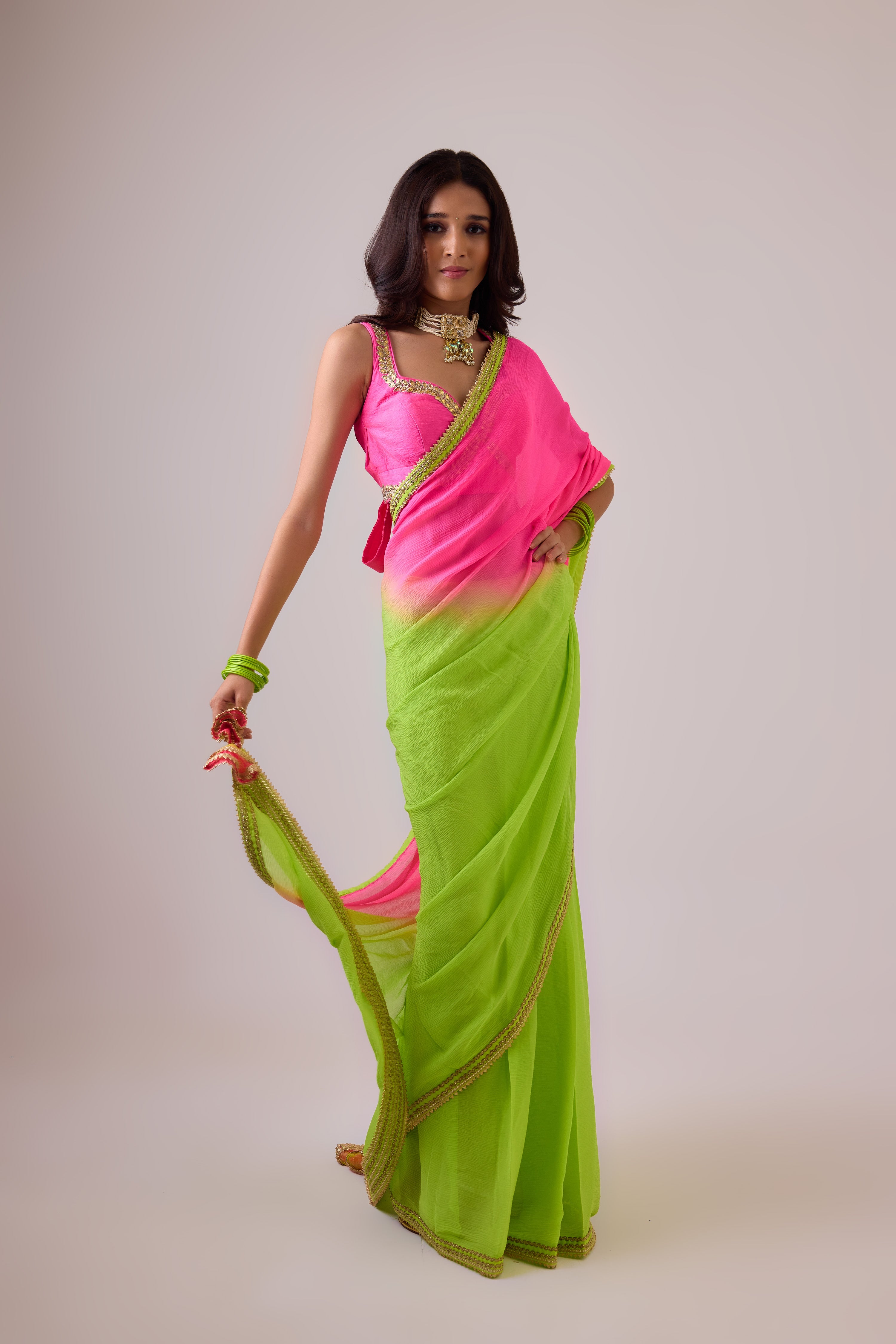 Pure silk chiffon ombre saree and gota borders