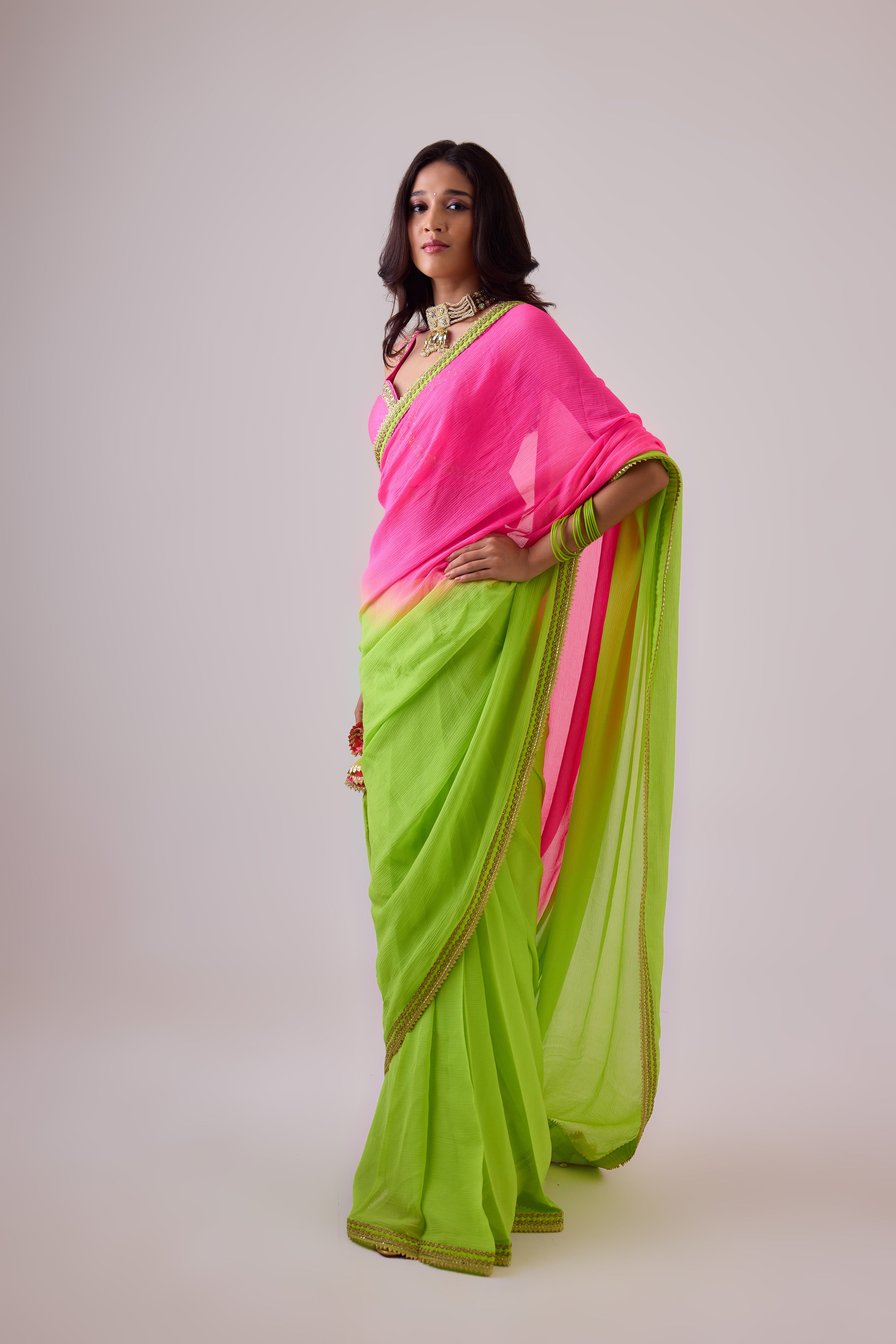 Pure silk chiffon ombre saree and gota borders