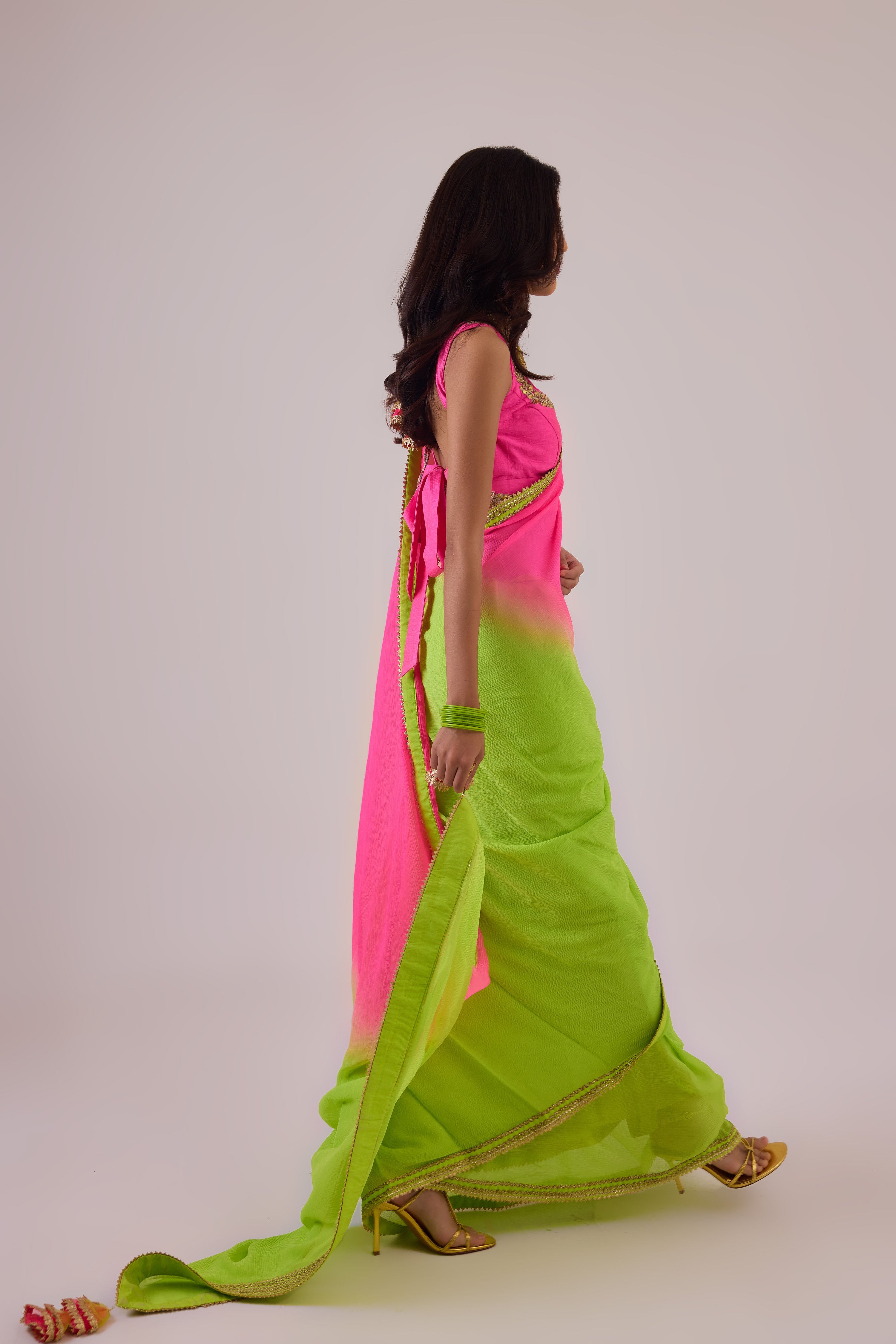 Pure silk chiffon ombre saree and gota borders