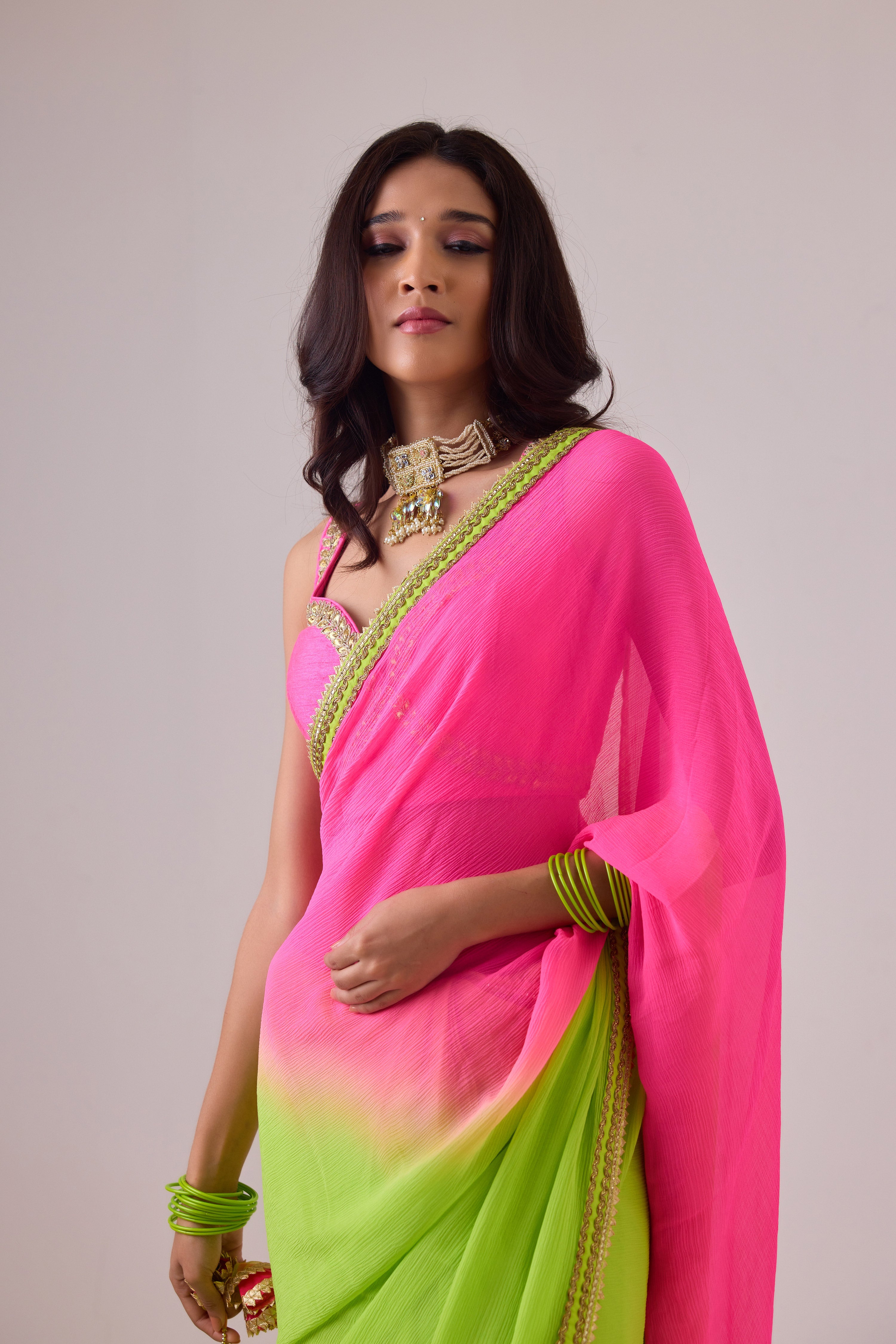 Pure silk chiffon ombre saree and gota borders