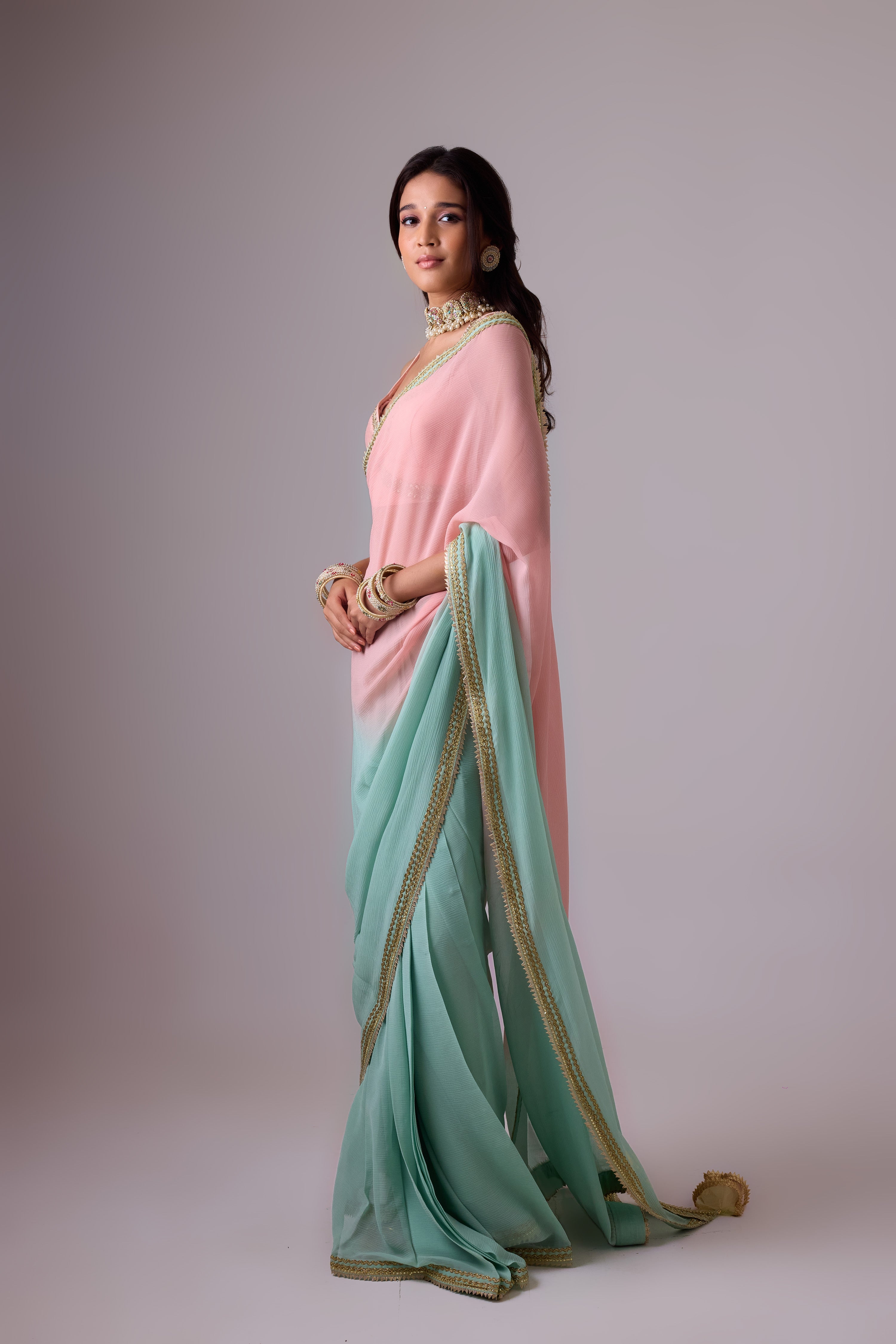 Pure silk chiffon ombre saree and gota borders