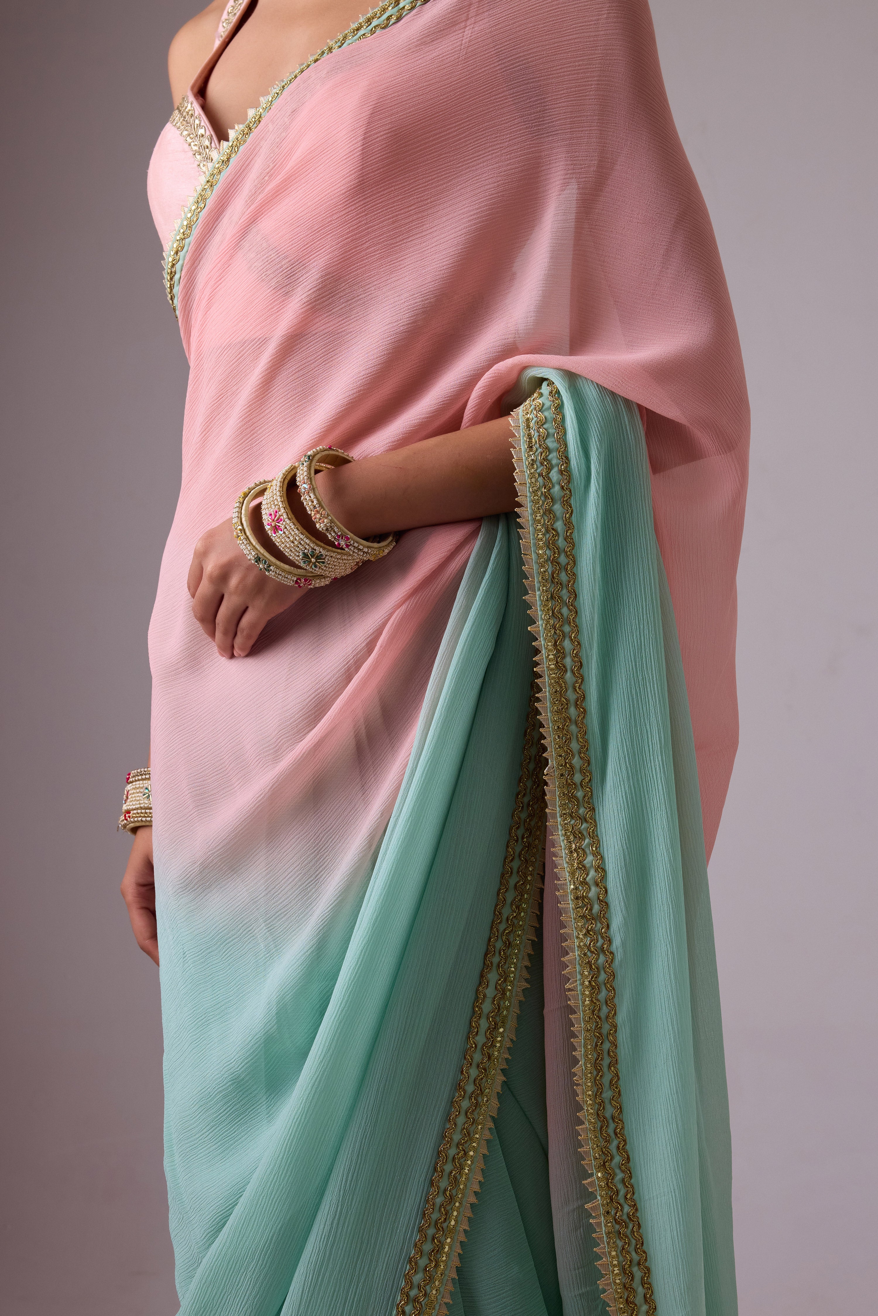 Pure silk chiffon ombre saree and gota borders