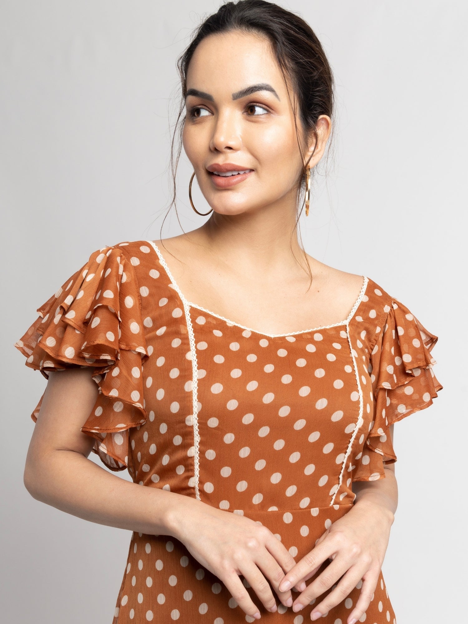 Brown Polka Midi Dress