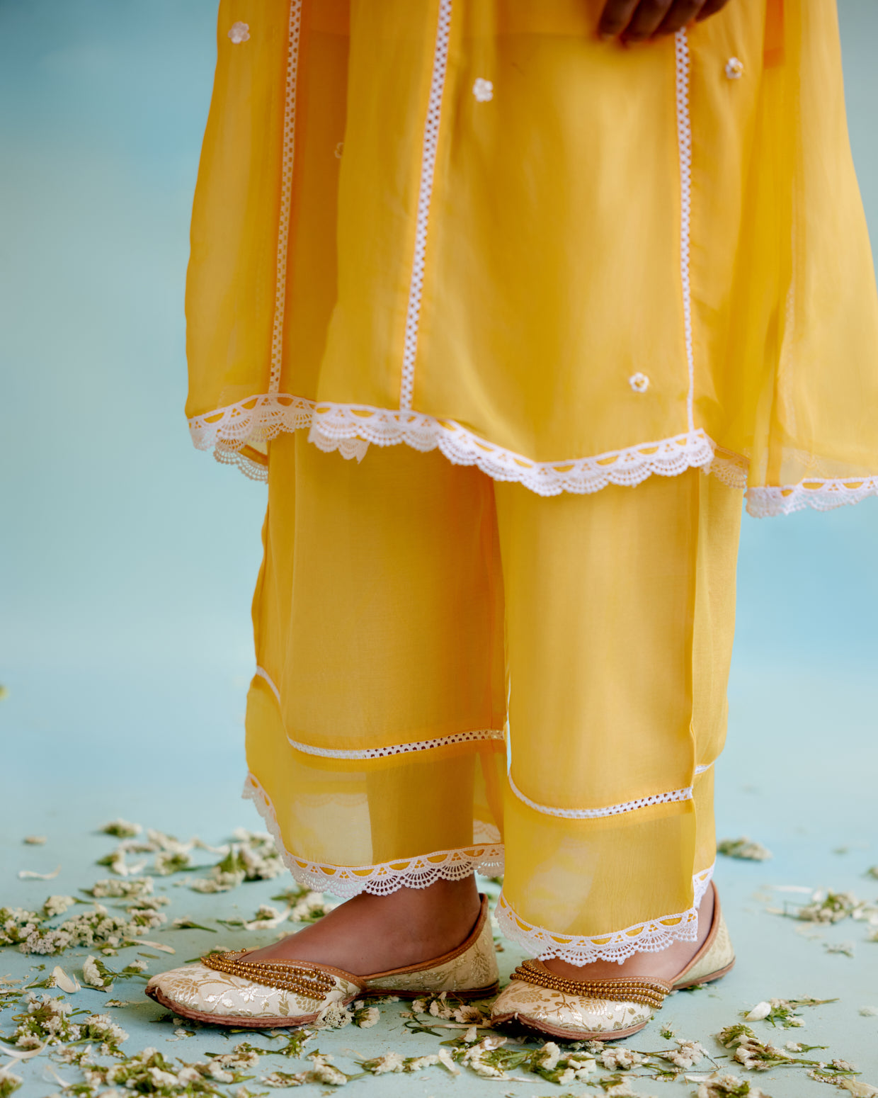White Cotton Dobby Short Angrakha with pastel laces