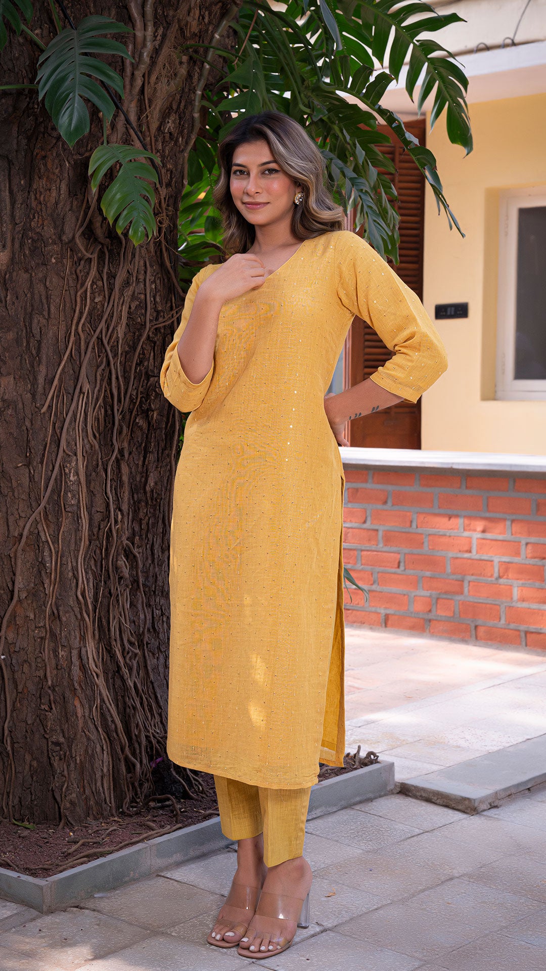 GARIMA EMBELLISHED PURE LINEN KURTA + PANTS - MUSTARD YELLOW