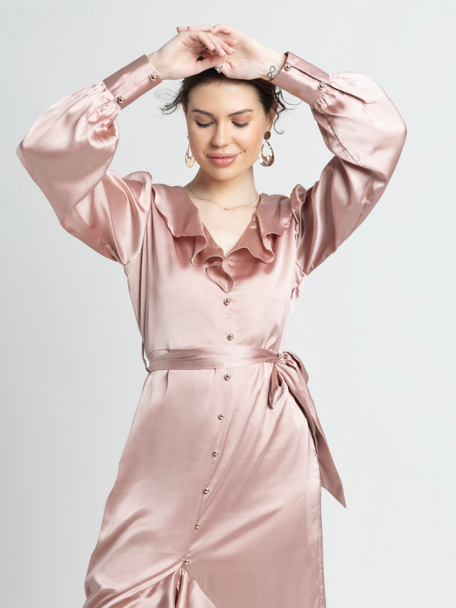 Rose Gold Ruffle V Midi Dress