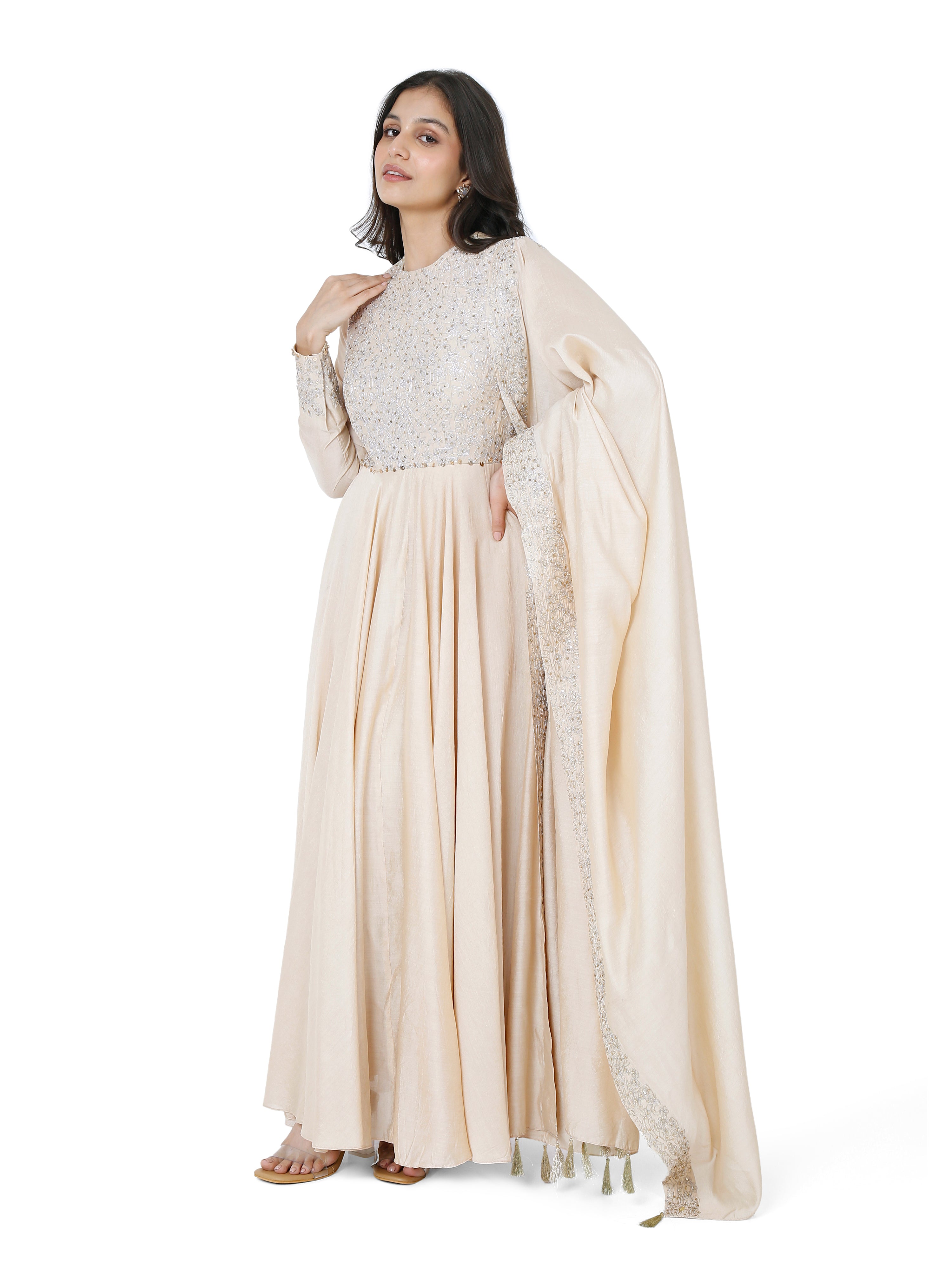 Beige Back cut Anarkali with Dupatta