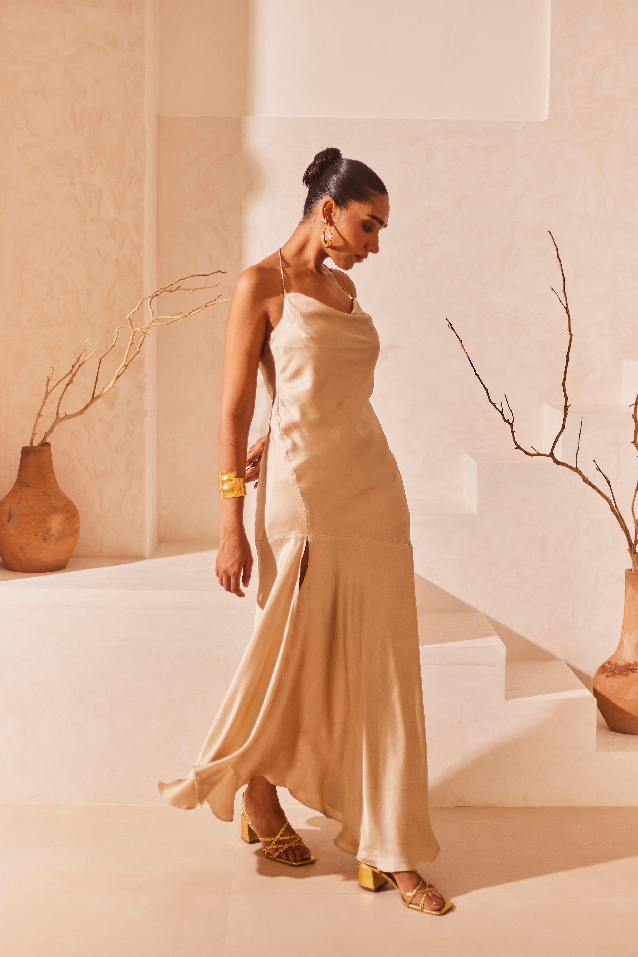 Satin Cowl Neck Maxi Dress