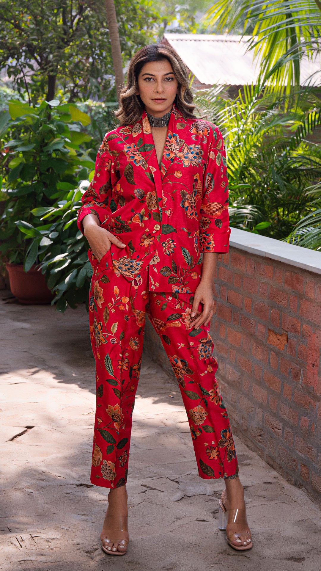 KAREENA PRINTED CO-ORD SET IN SILK - RED