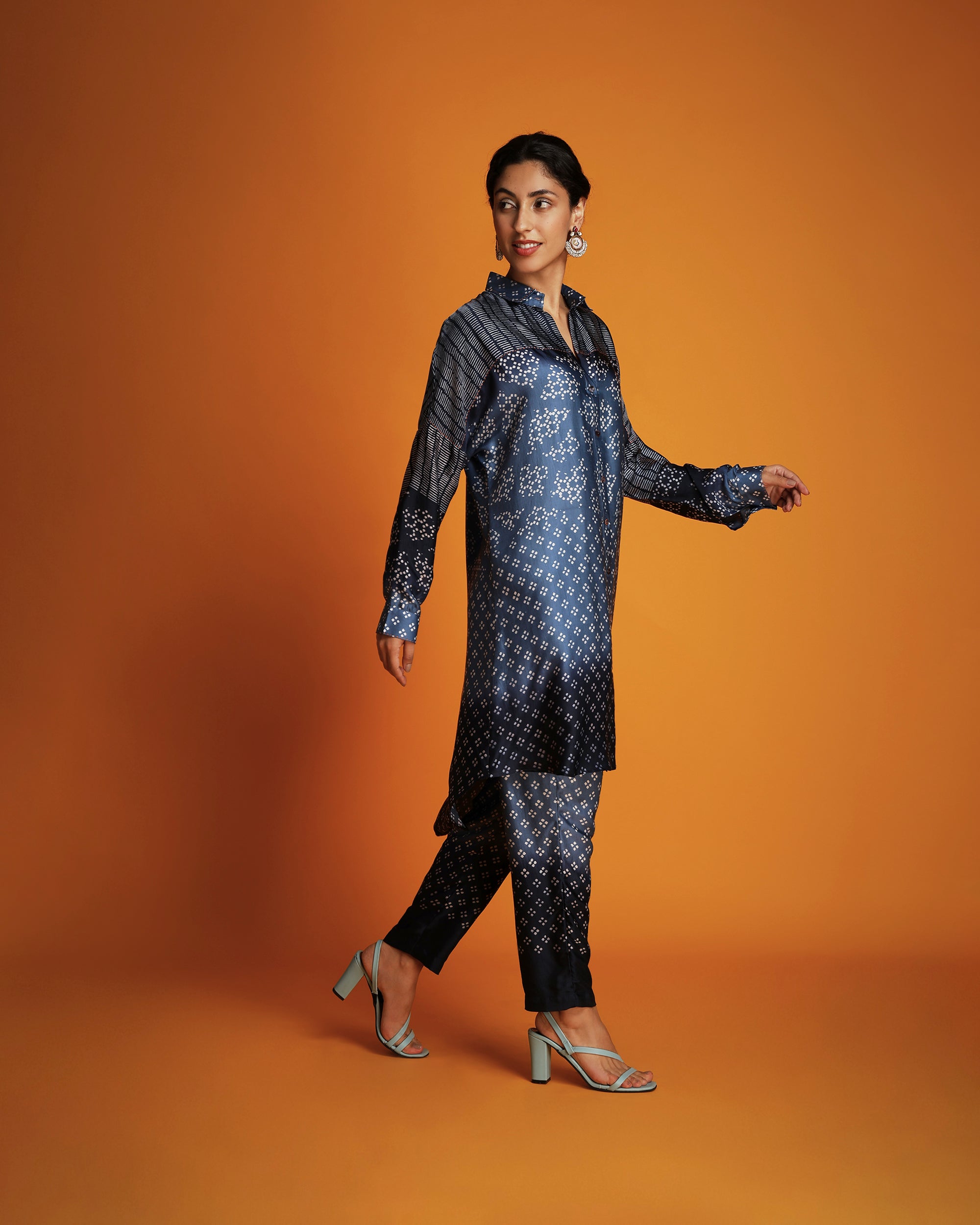 Indigo ombre block printed shirt tunic set