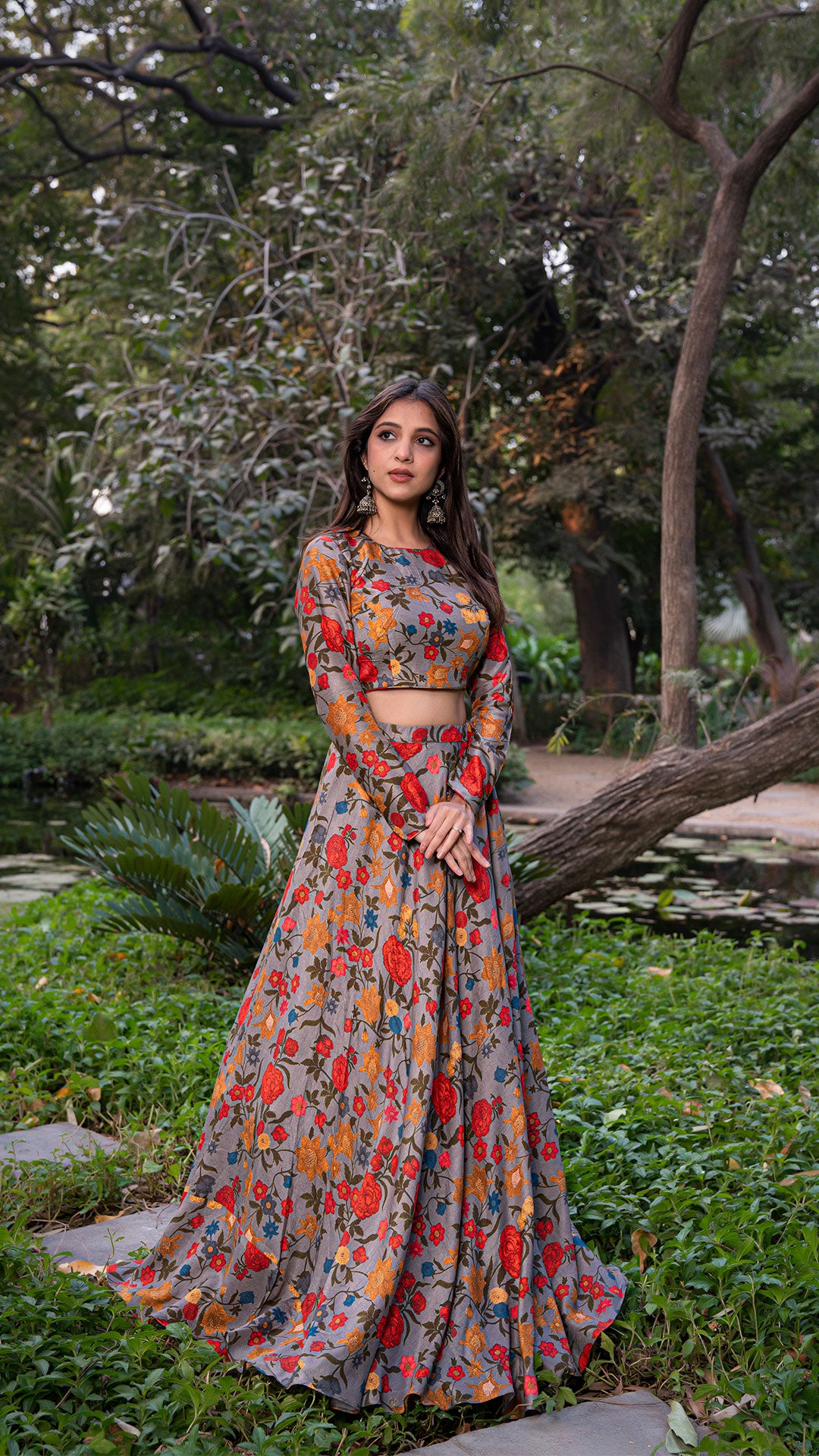 FLORAL FANTASY SILK LEHENGA SET - GREY