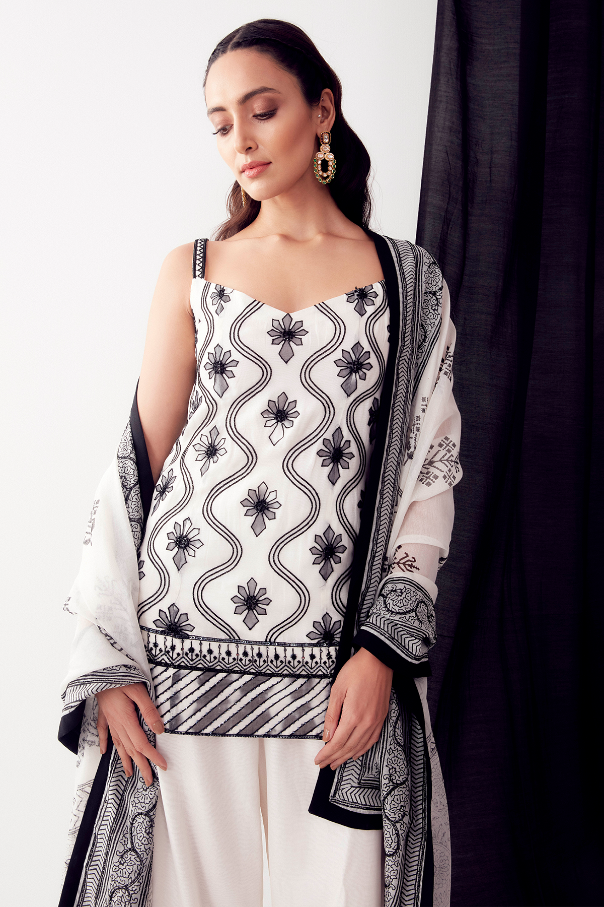 Black & White Applique Work Sharara Set