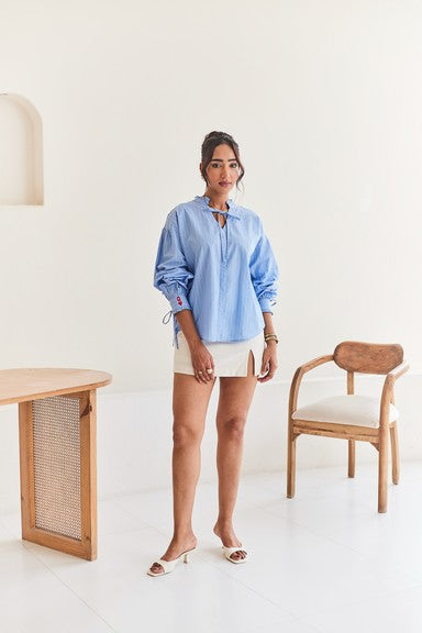 Blue Striped Oversized Shirt with Embroidery Detail