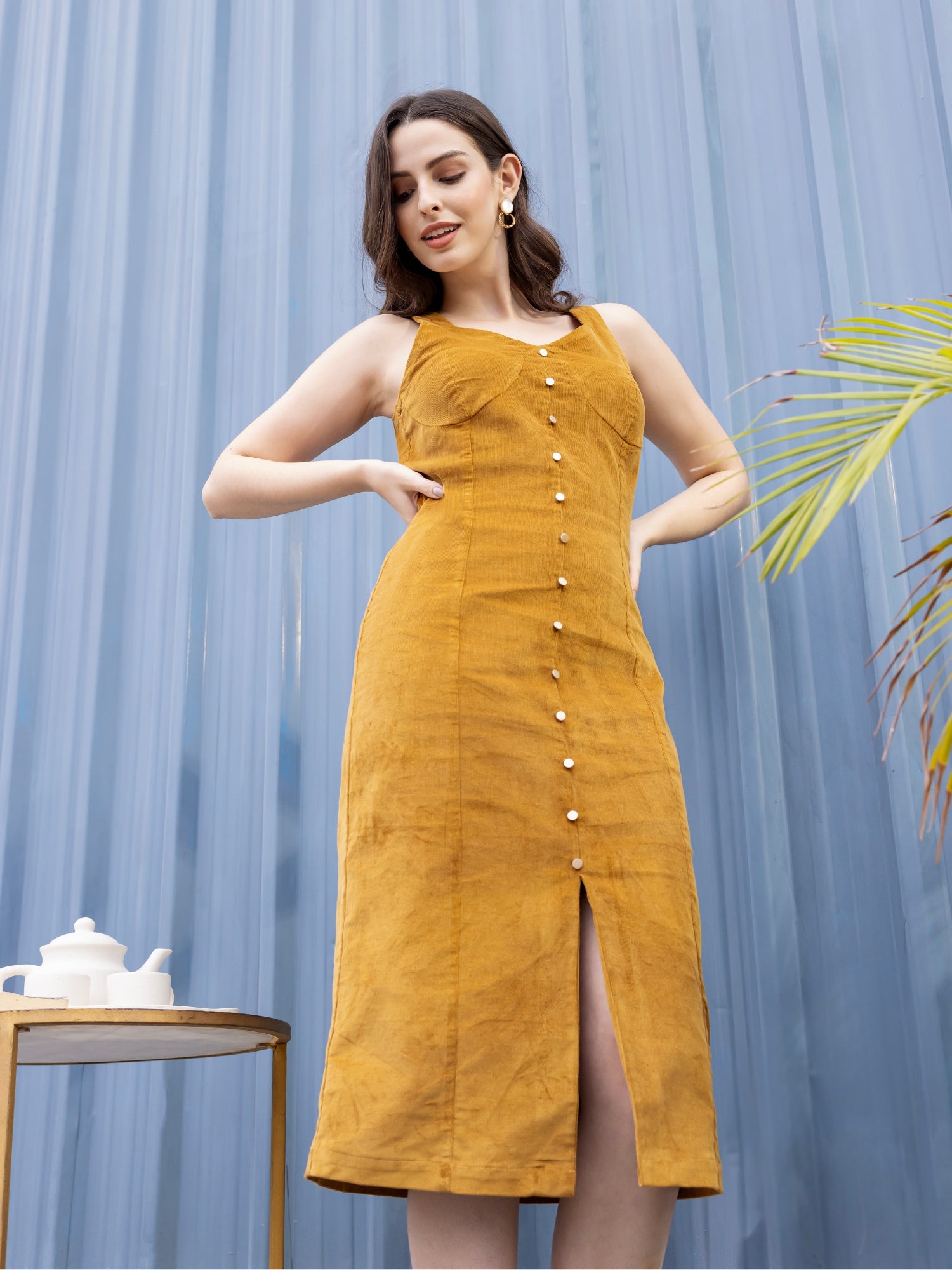 Mustard Charm Corduroy Midi Dress