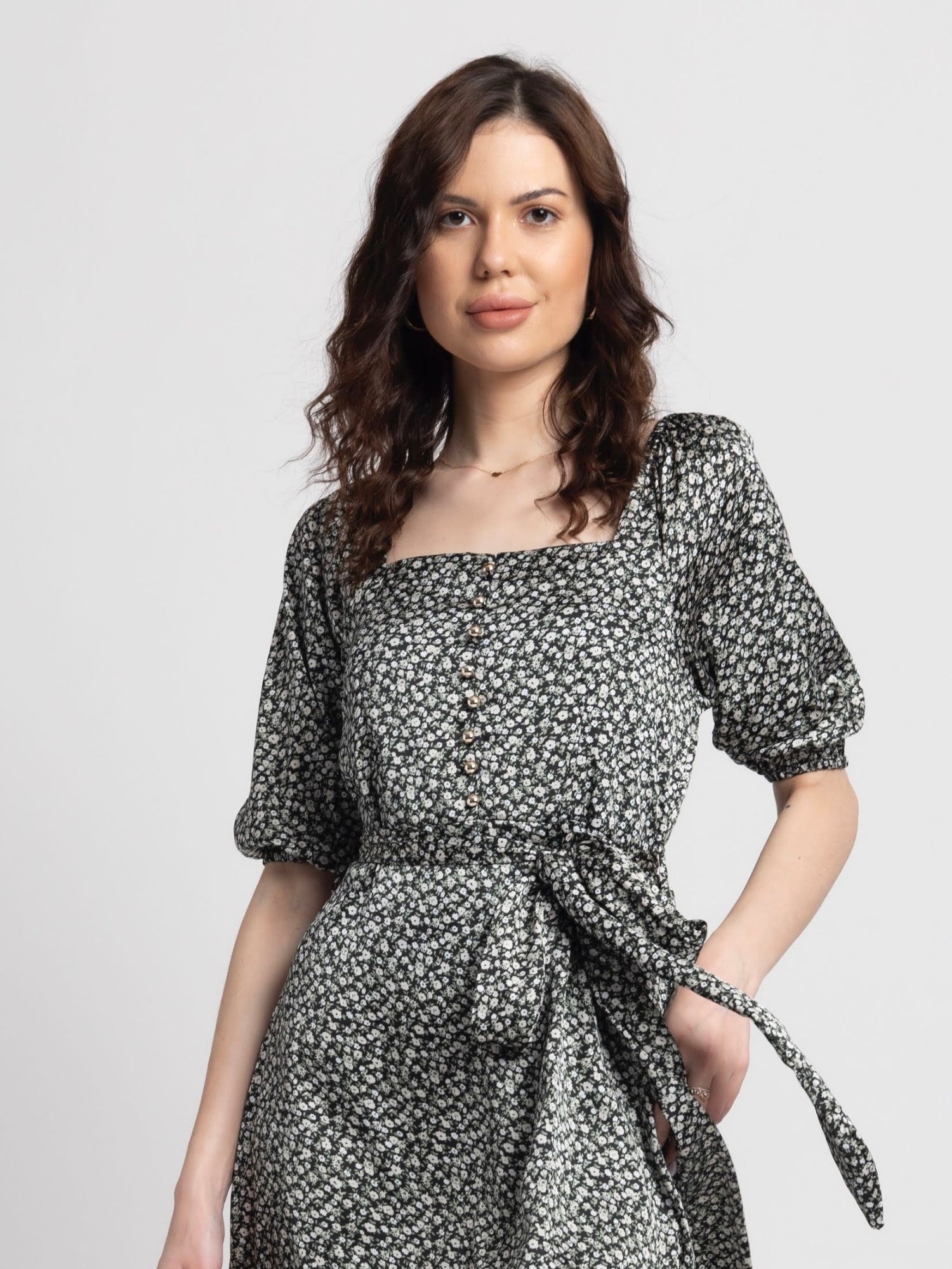 Noir Botanical Square Midi Dress