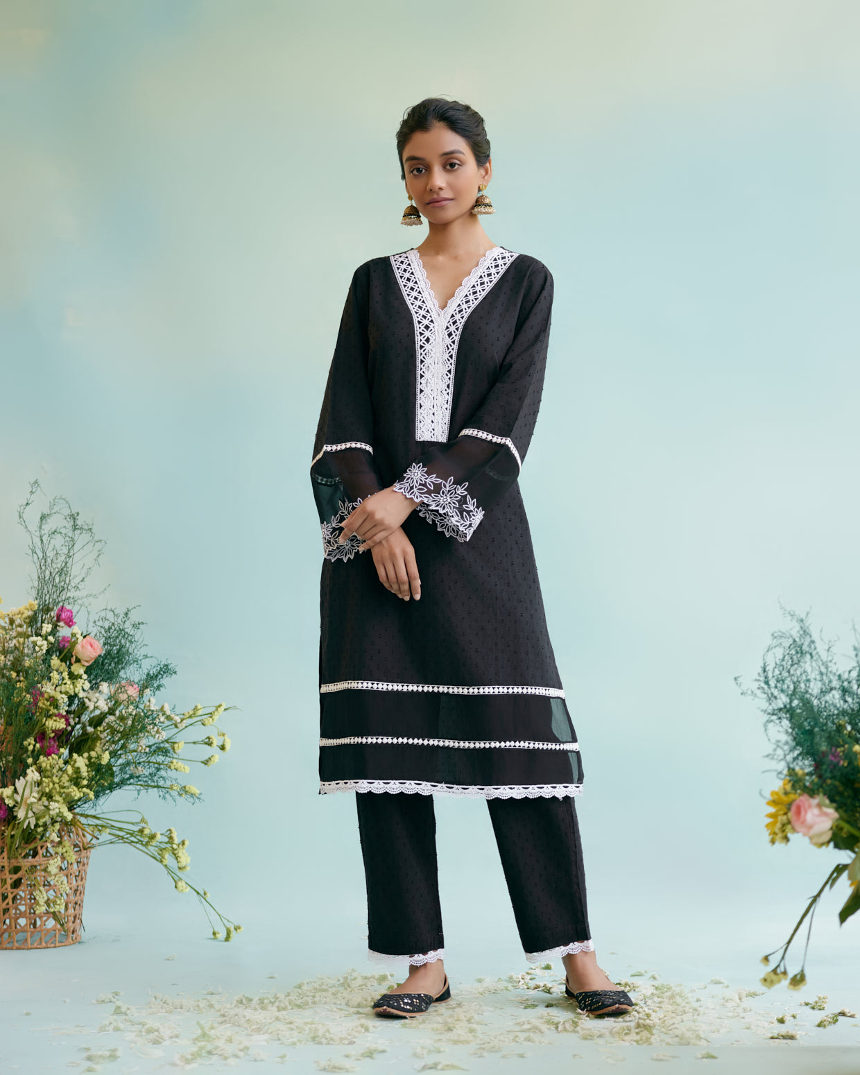 Black Lily Kurta in Cotton Dobby Fabric with Lace detailing and Embroidered Sleeves