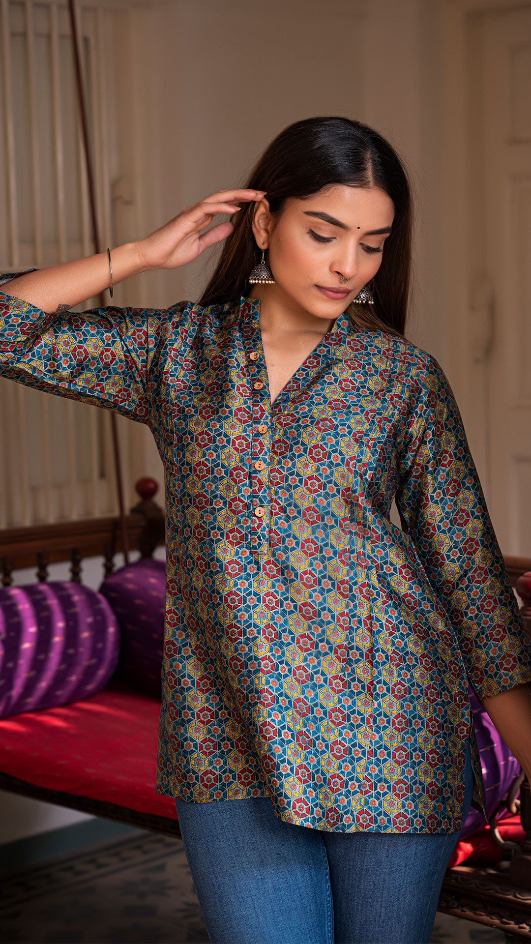 AASTHA MULTI COLOUR AJARAKH PRINT SHORT TOP IN SILK