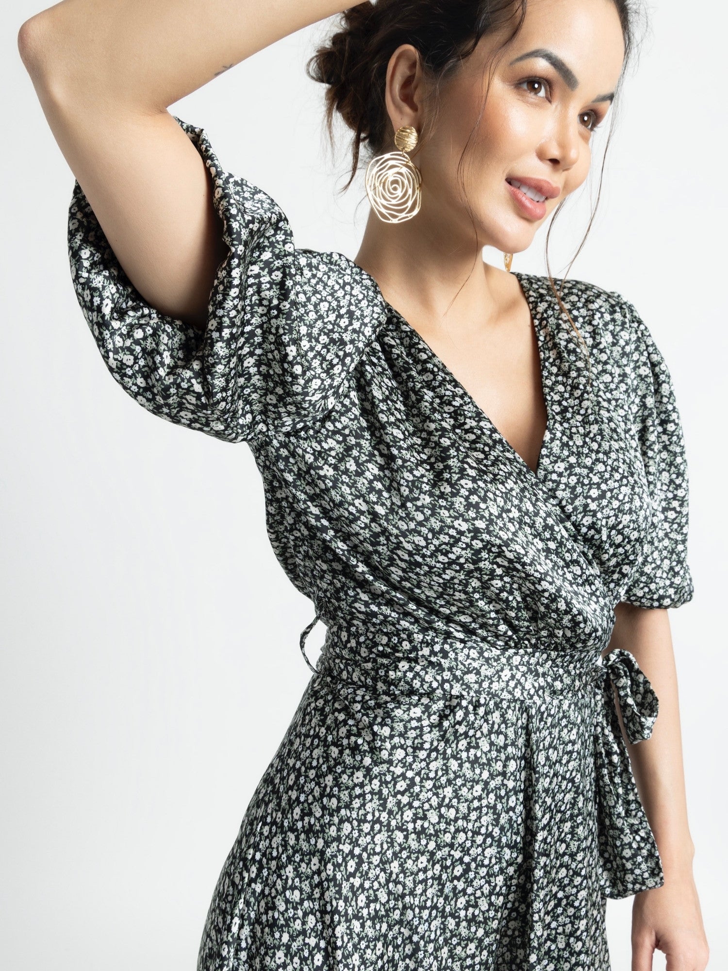 Noir Botanical Surplice Midi Dress