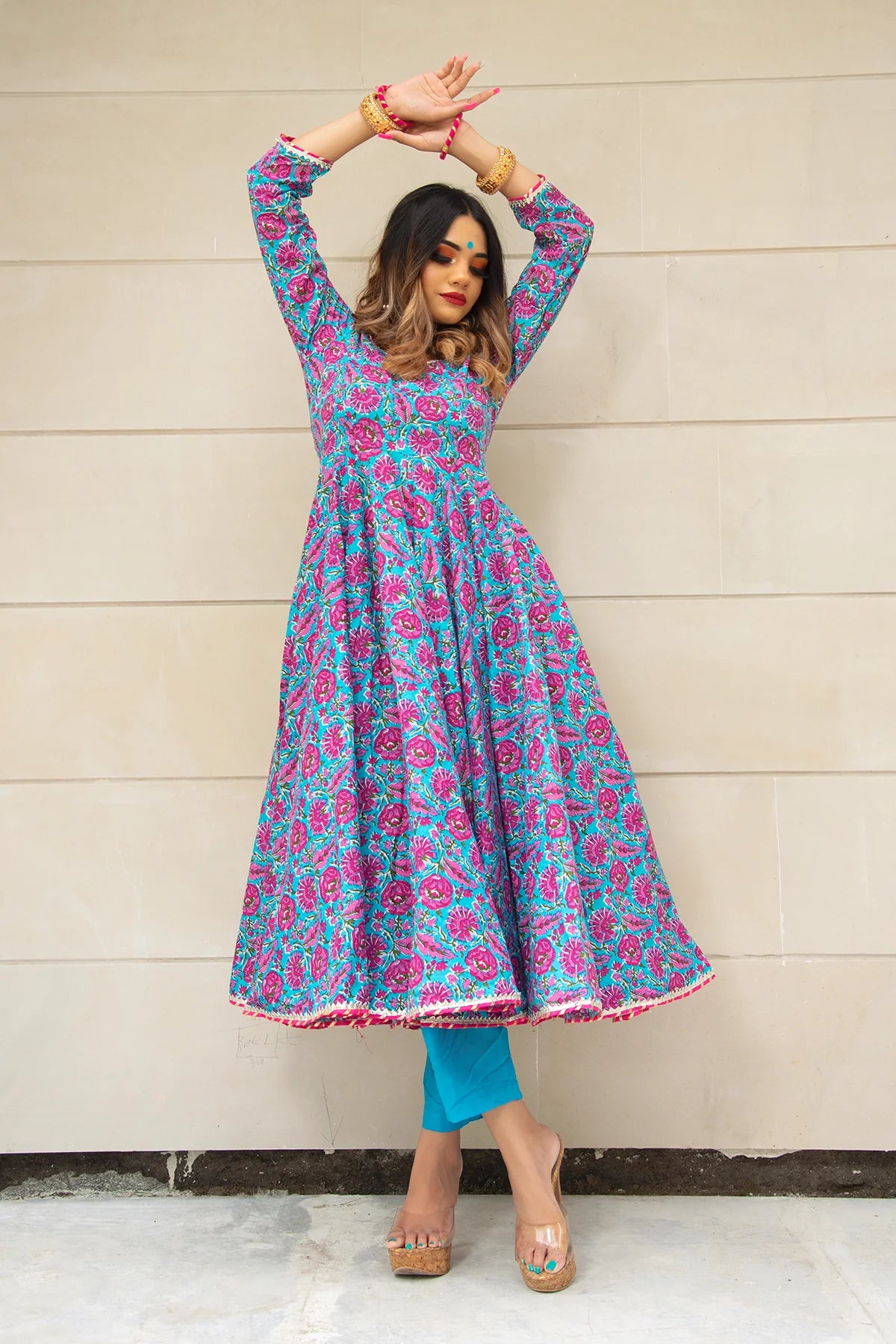 CHITRA HAND BLOCK COTTON ANARKALI SET