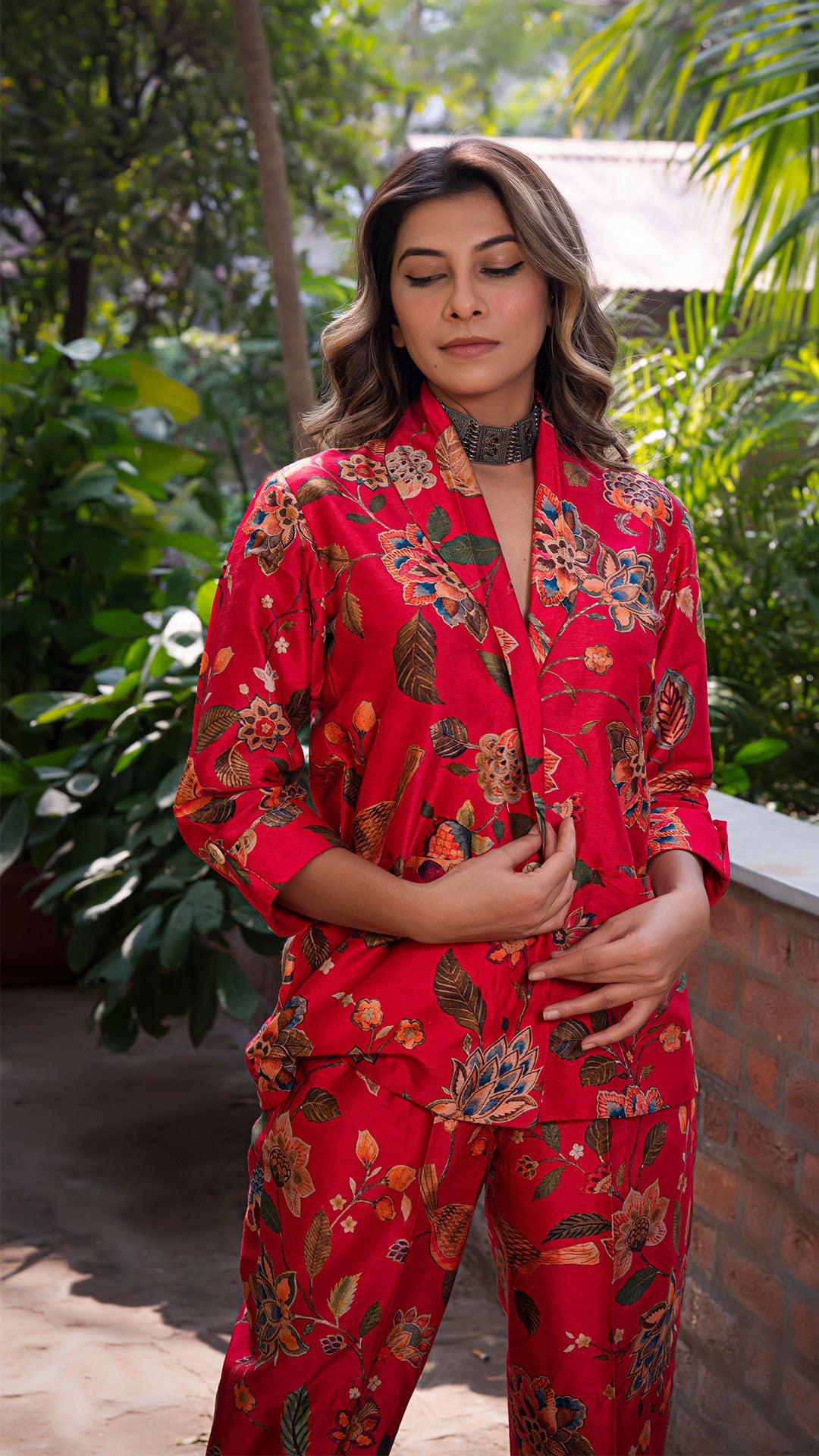 KAREENA PRINTED CO-ORD SET IN SILK - RED