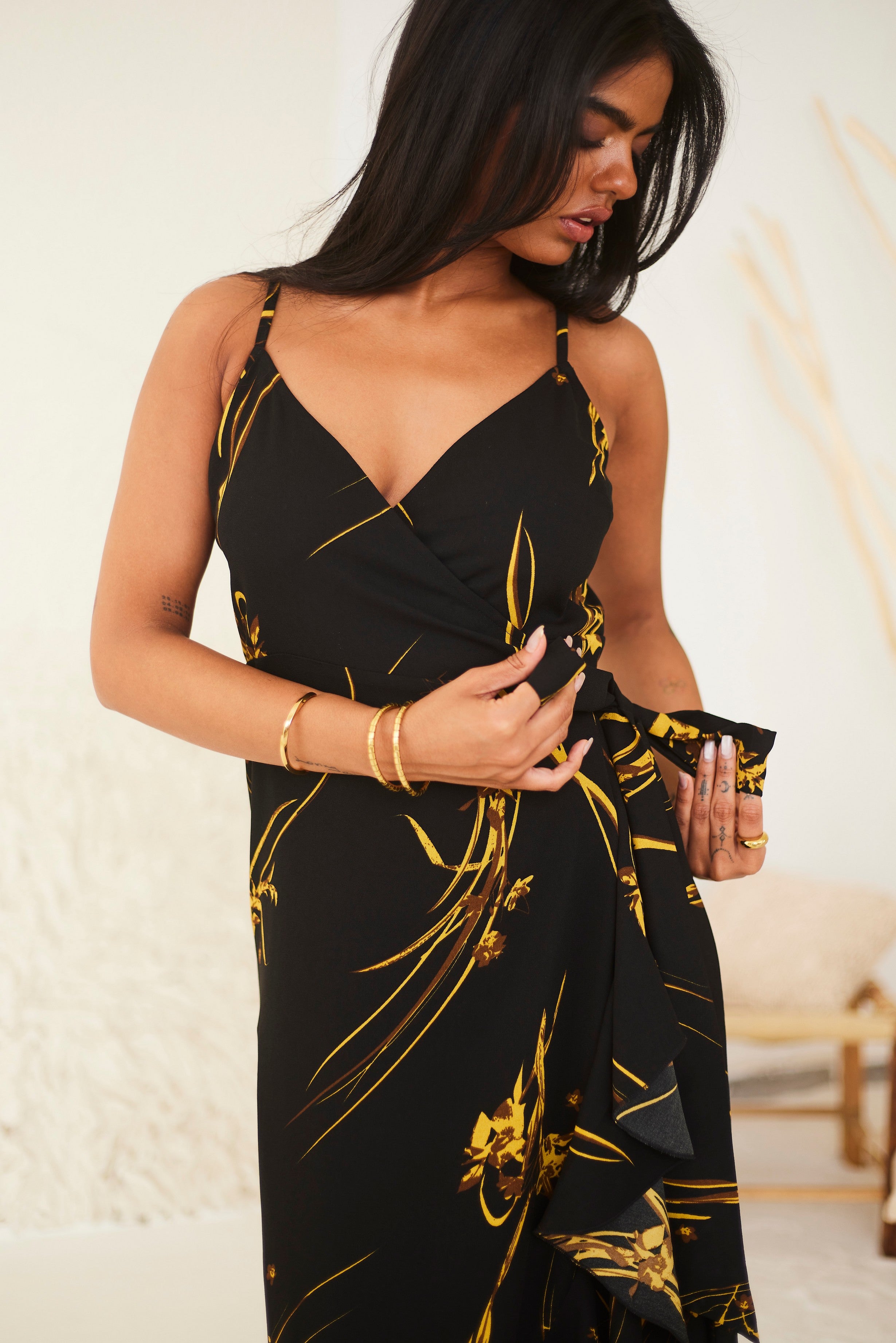 Black Printed Wrap Midi Dress