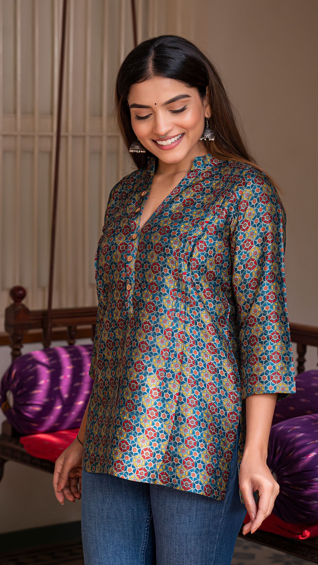 AASTHA MULTI COLOUR AJARAKH PRINT SHORT TOP IN SILK