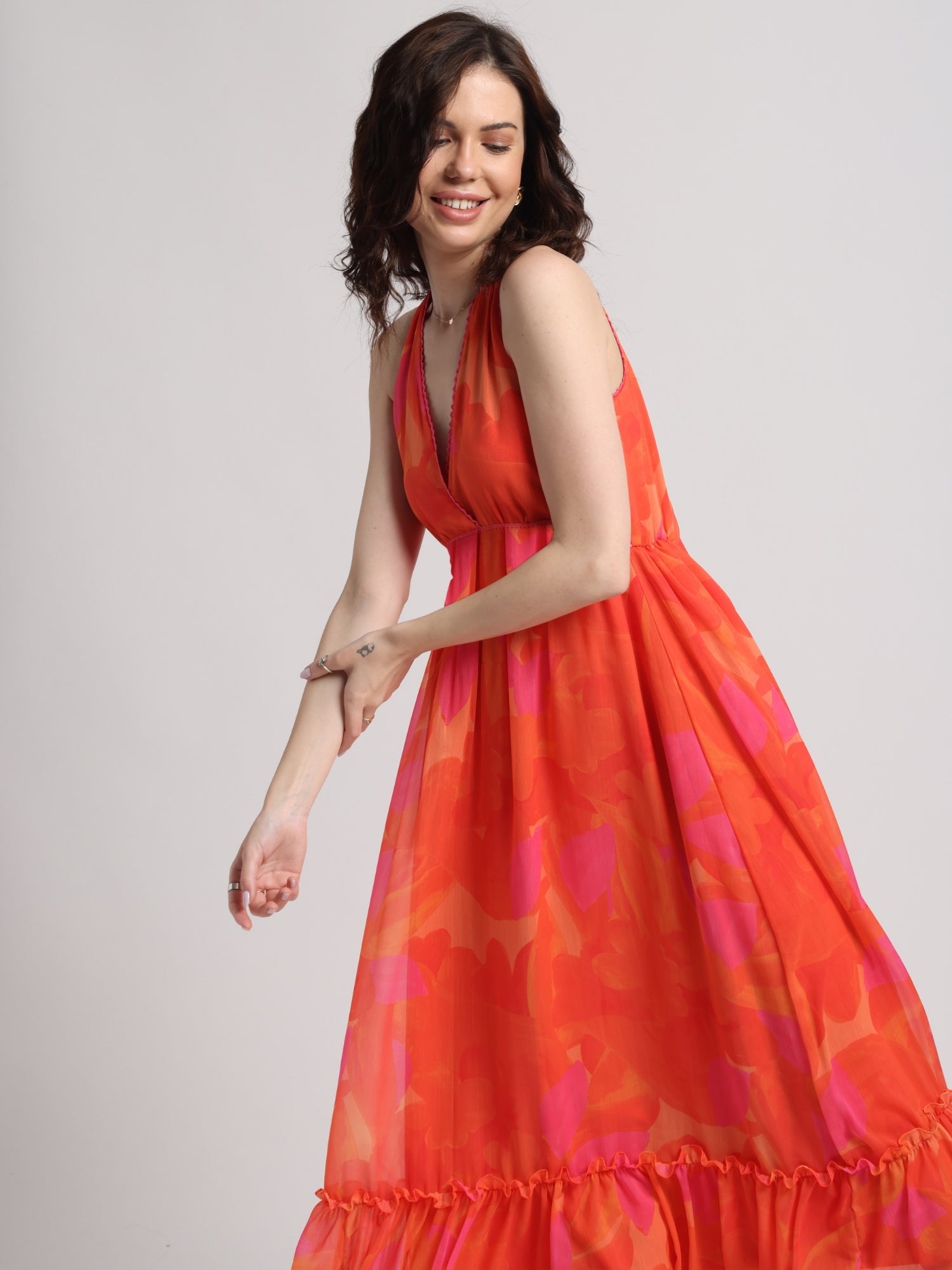 Playful Orange Surplice Maxi Dress