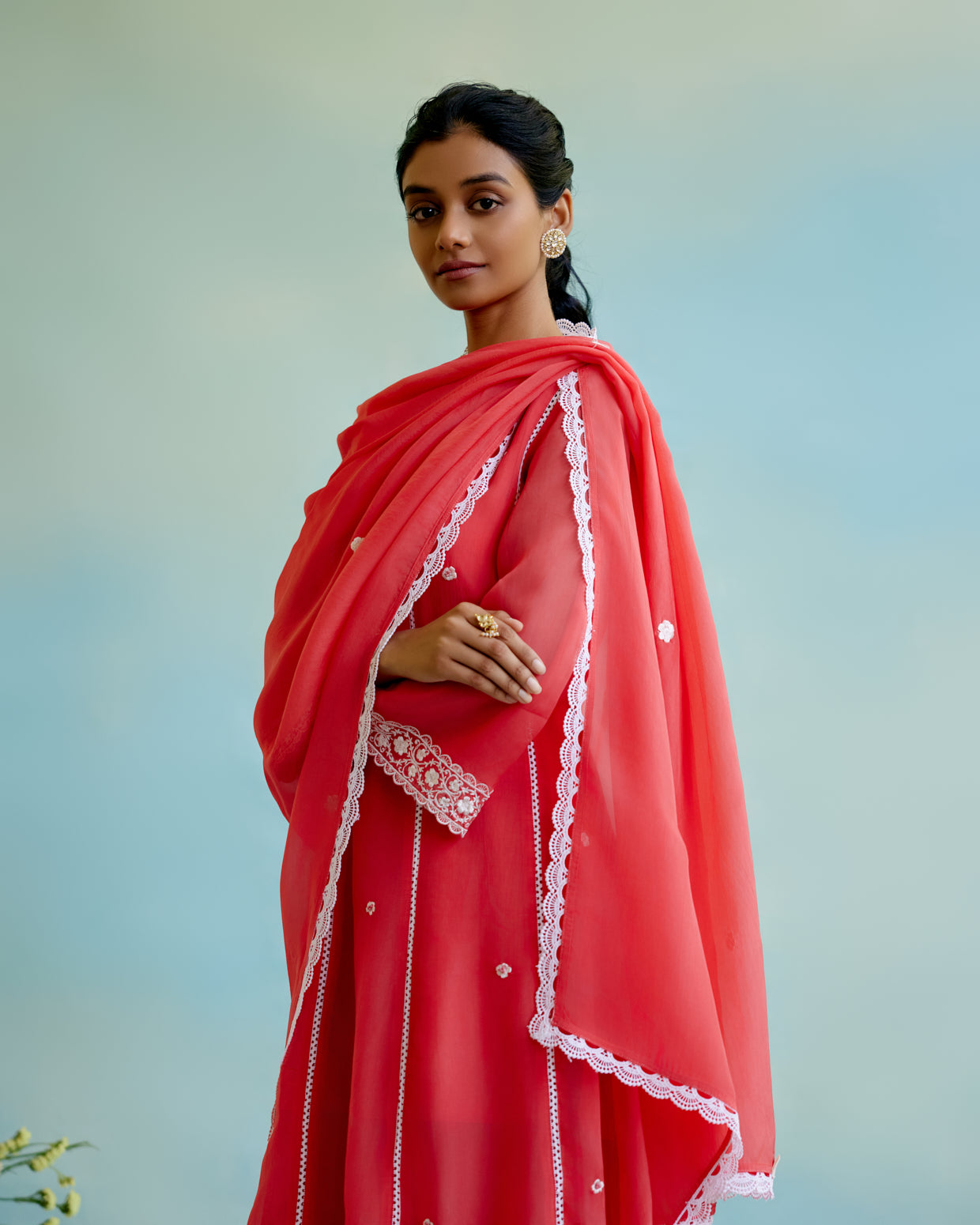 Coral Rose Organza Dupatta with lace detailing