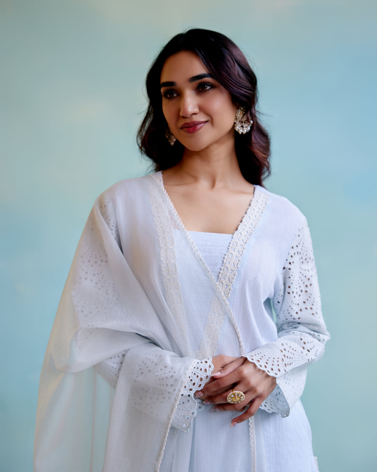 Periwinkle Blue Kurta in Cotton Dobby with Lace Detaling and Scallop Sleeves
