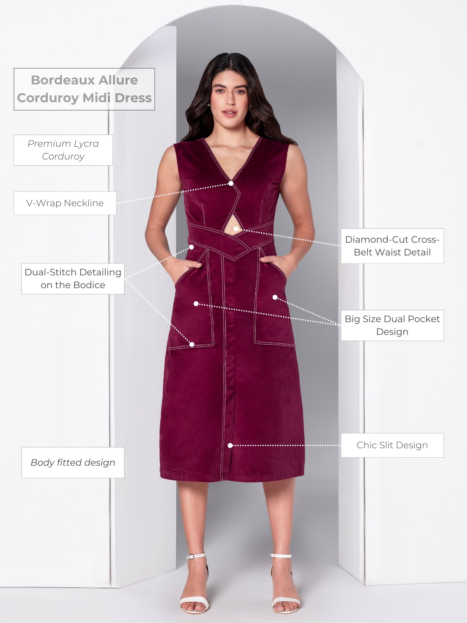Bordeaux Allure Corduroy Midi Dress