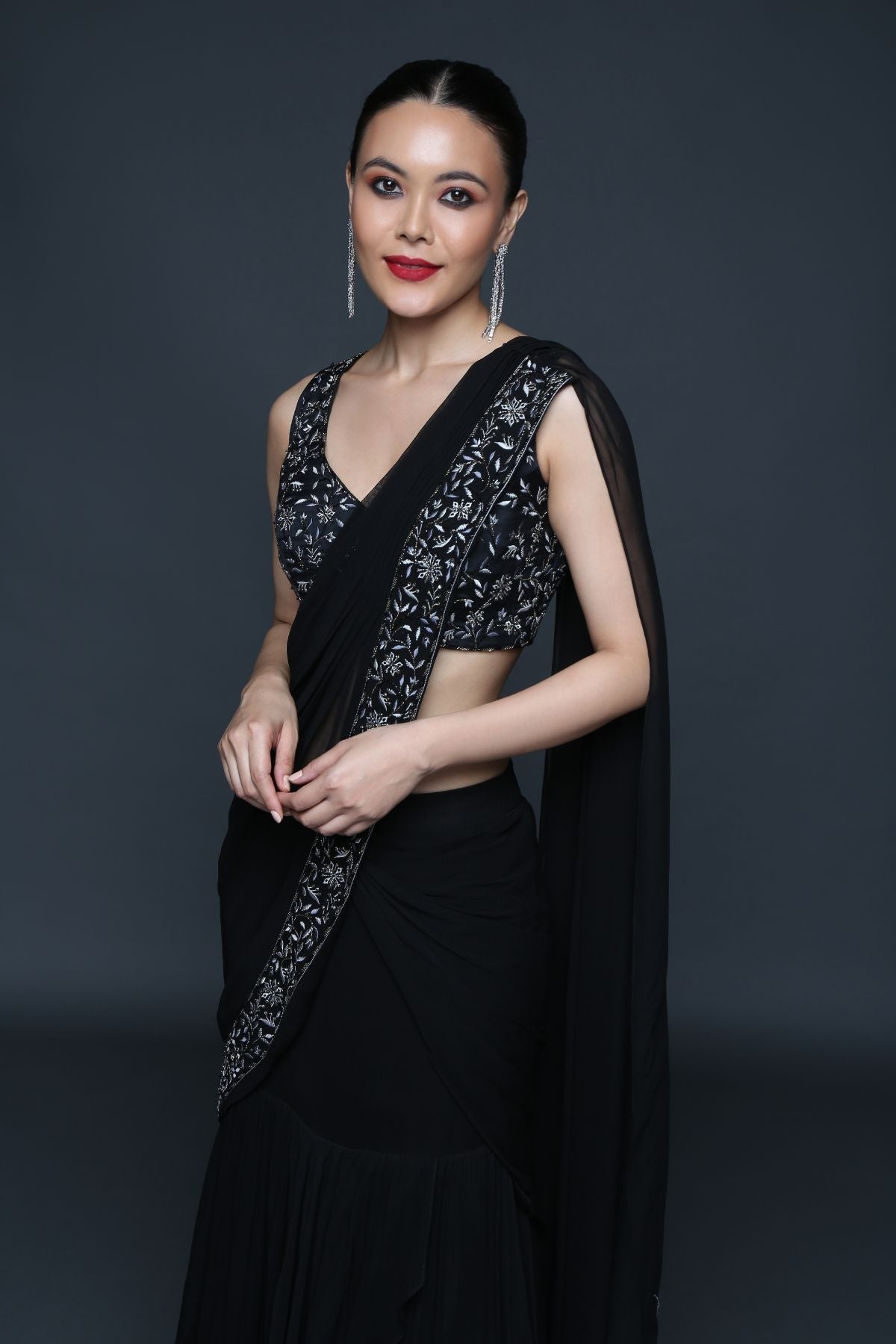 Black Pre Draped Ruffle Saree