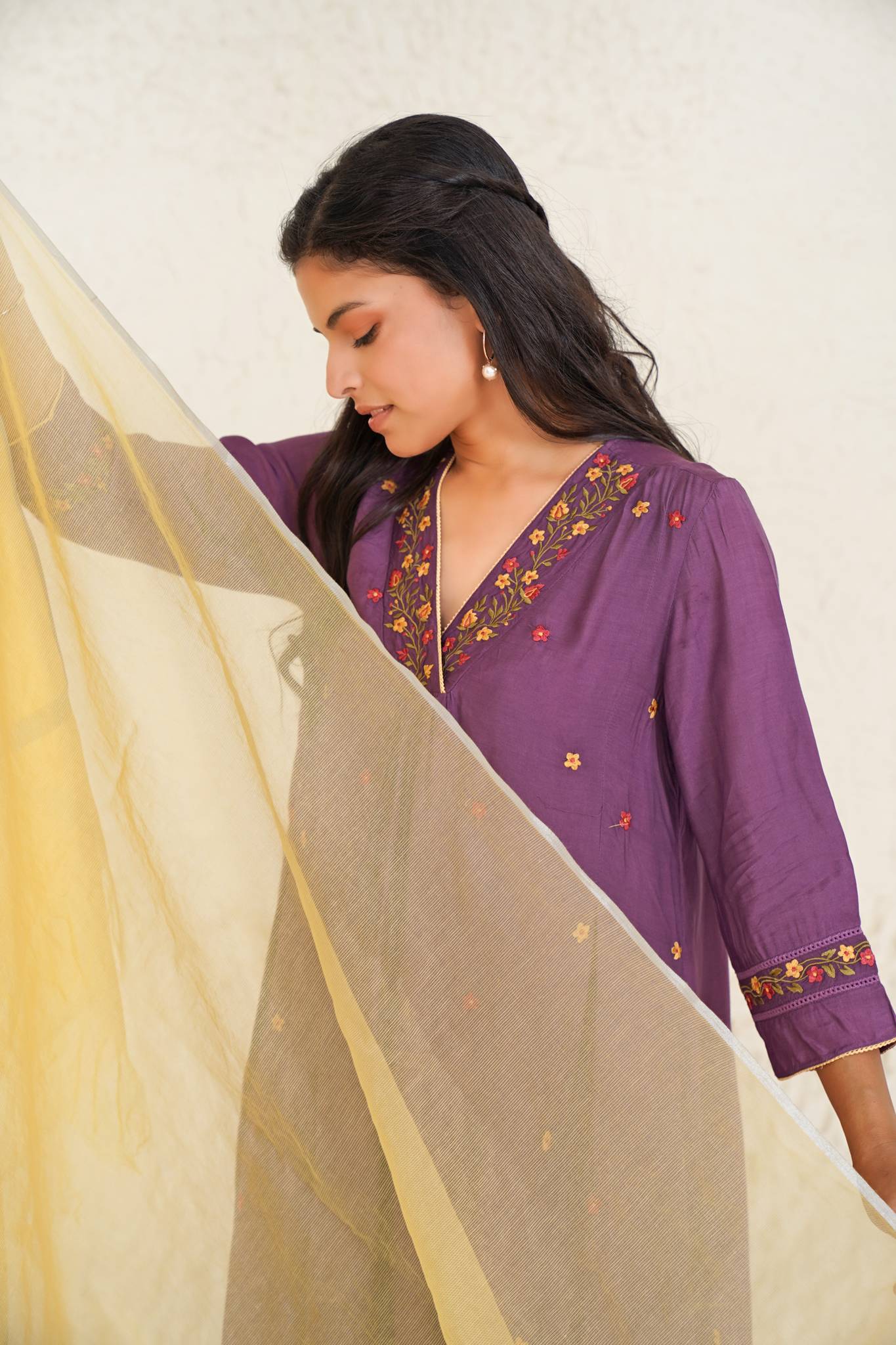 Wine Daisy Kurta with Narrow Pants- Set of 2