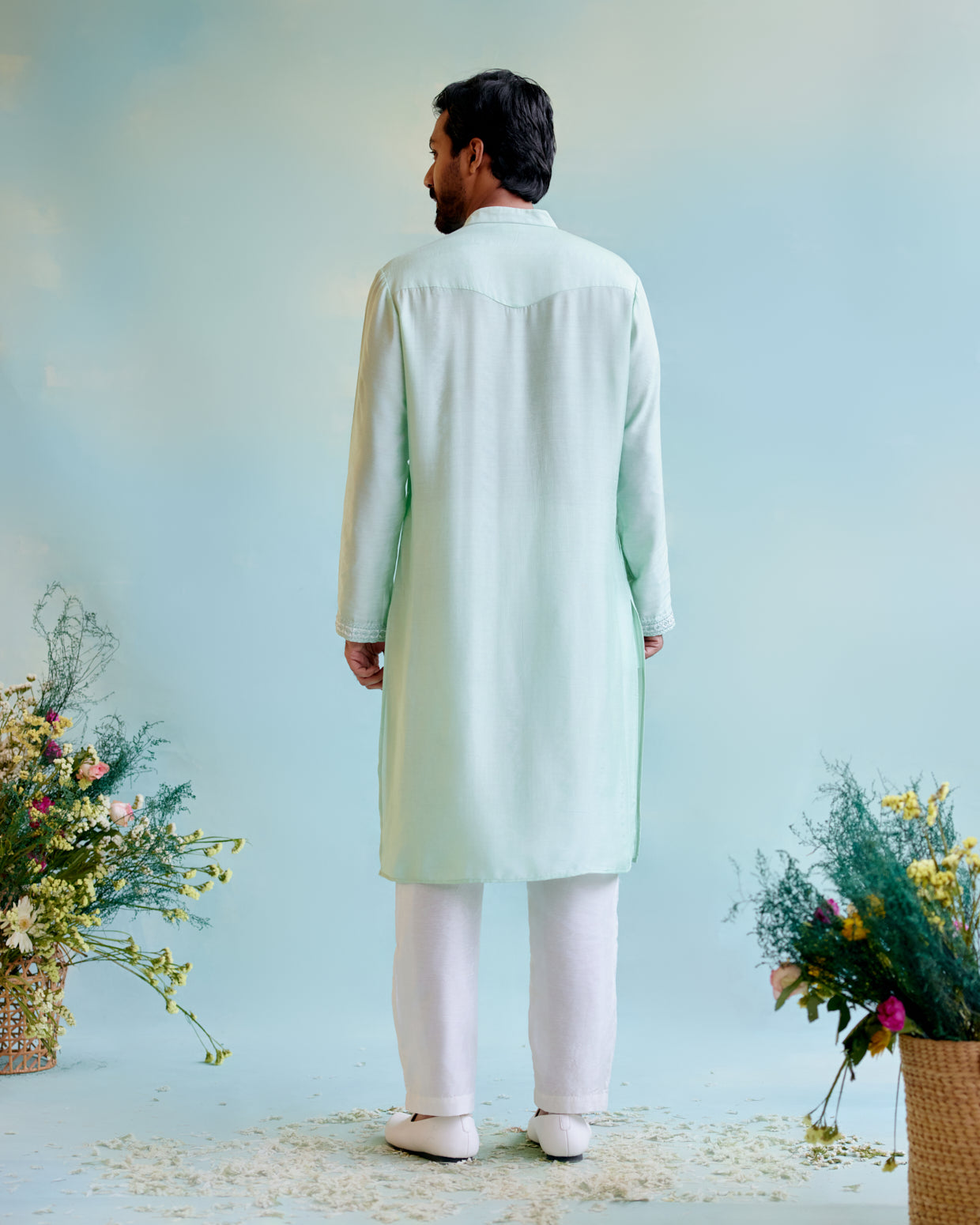 Minty Dream Chanderi Pintuck Embroidered kurta with Chanderi Narrow Pants