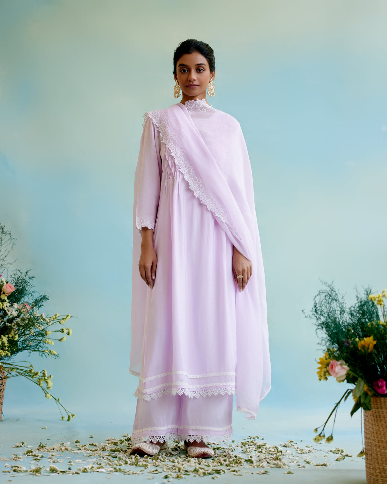 Lilac Pearl Kurta in Silky Modal with Beaded Smocking and Delicate Lace Detaling