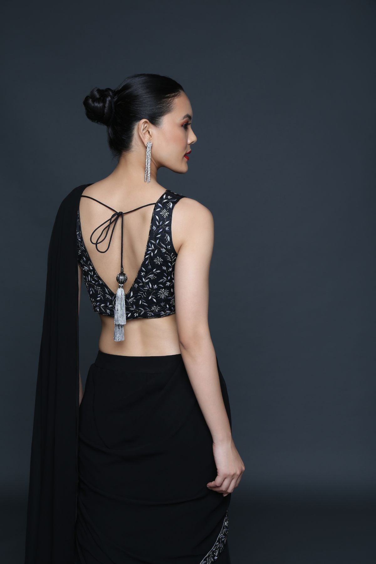 Black Pre Draped Ruffle Saree