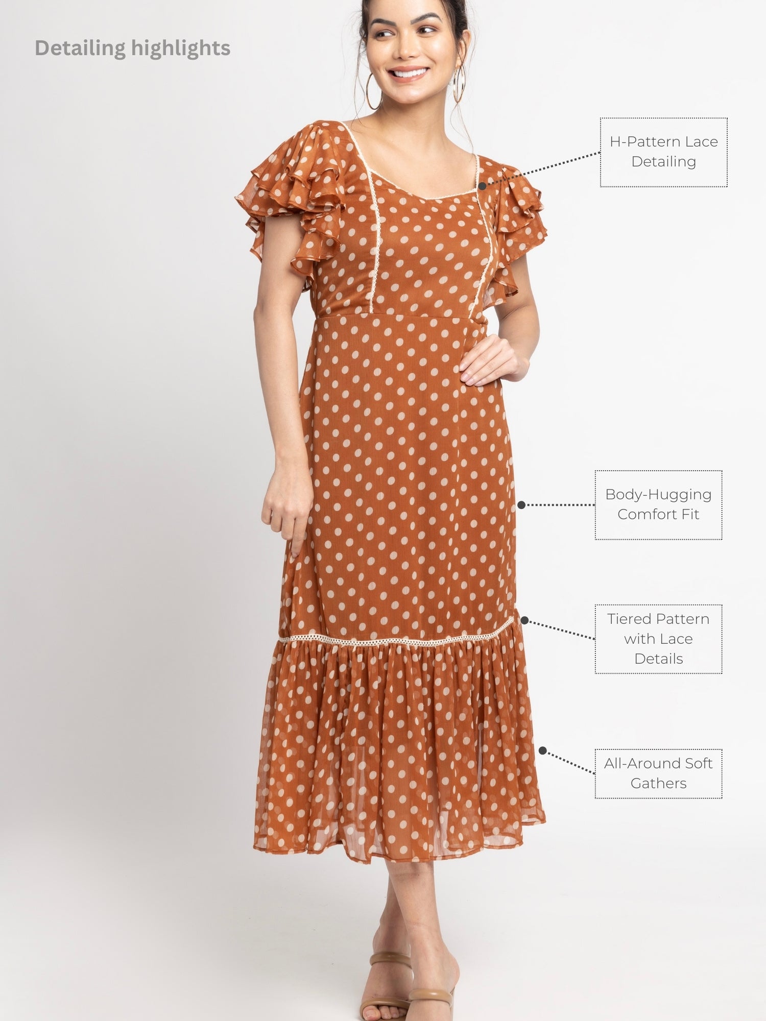 Brown Polka Midi Dress